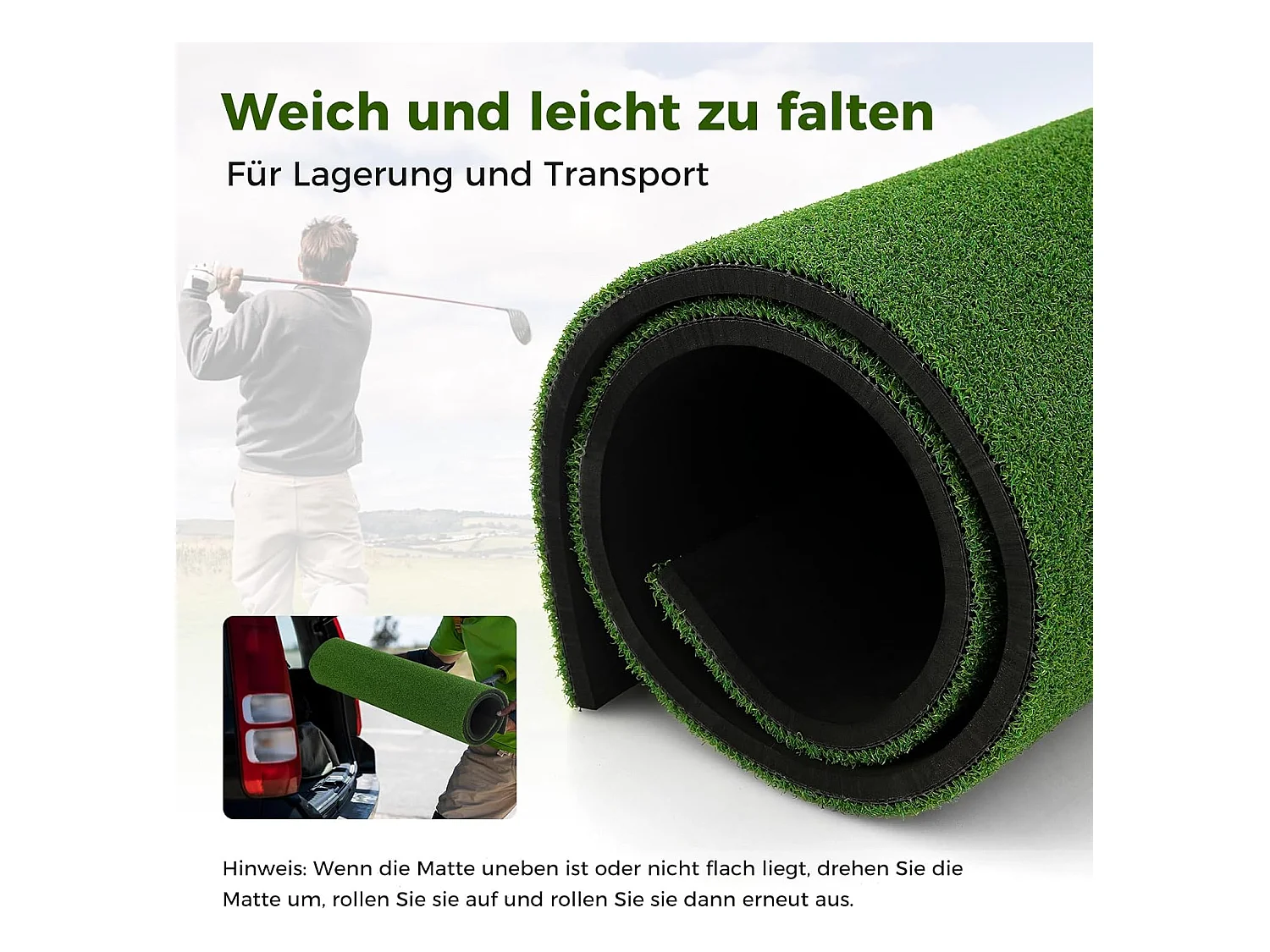 Golf afslagmat, golfoefenmat incl. 2 rubberen tees en 2 uitlijningsstaven, golfmat met 6 afslagposities, voor binnen en buiten