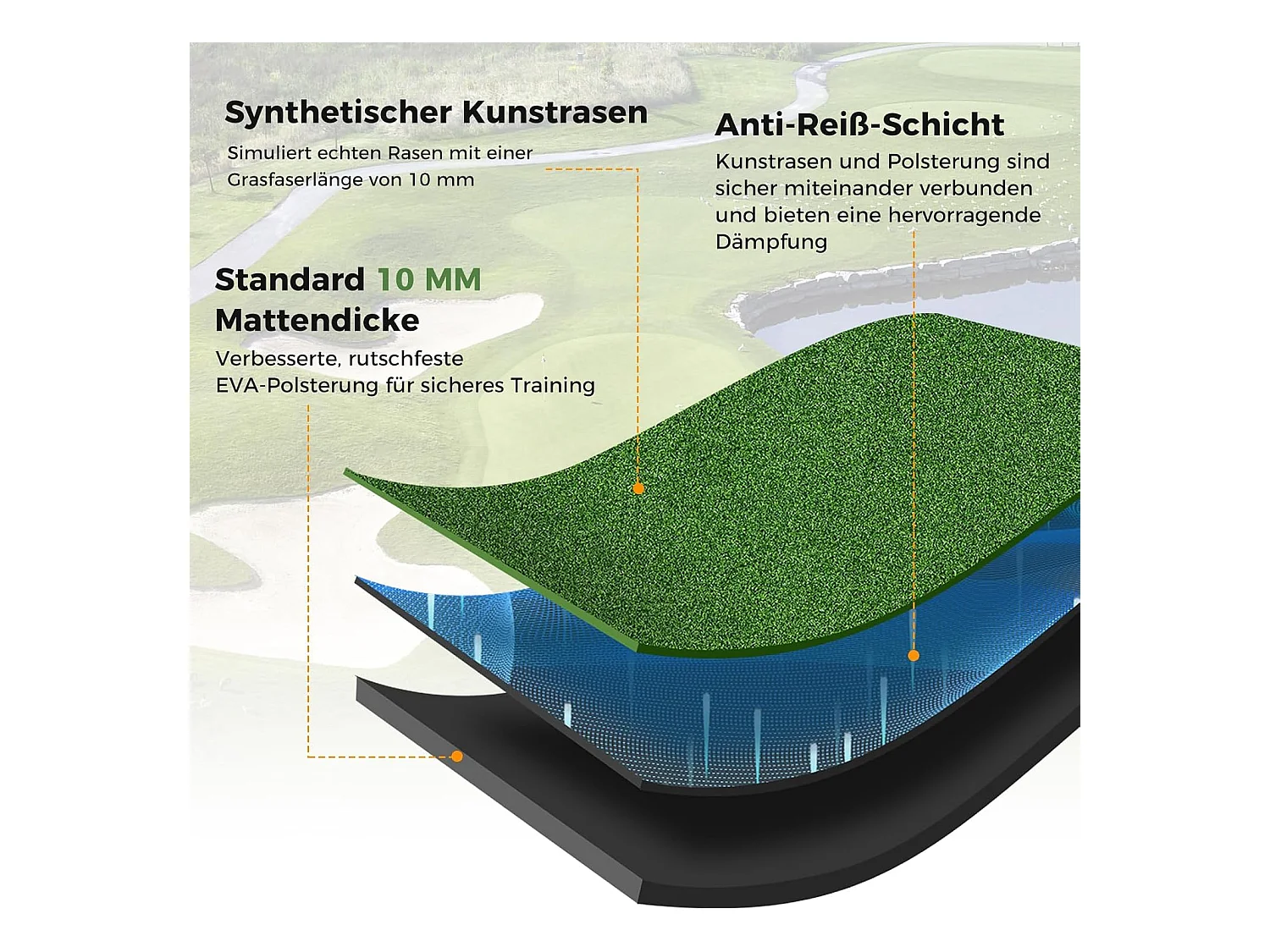 Golf afslagmat, golfoefenmat incl. 2 rubberen tees en 2 uitlijningsstaven, golfmat met 6 afslagposities, voor binnen en buiten