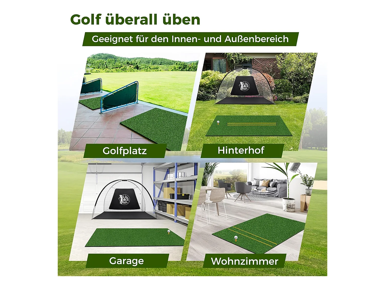 Golf afslagmat, golfoefenmat incl. 2 rubberen tees en 2 uitlijningsstaven, golfmat met 6 afslagposities, voor binnen en buiten