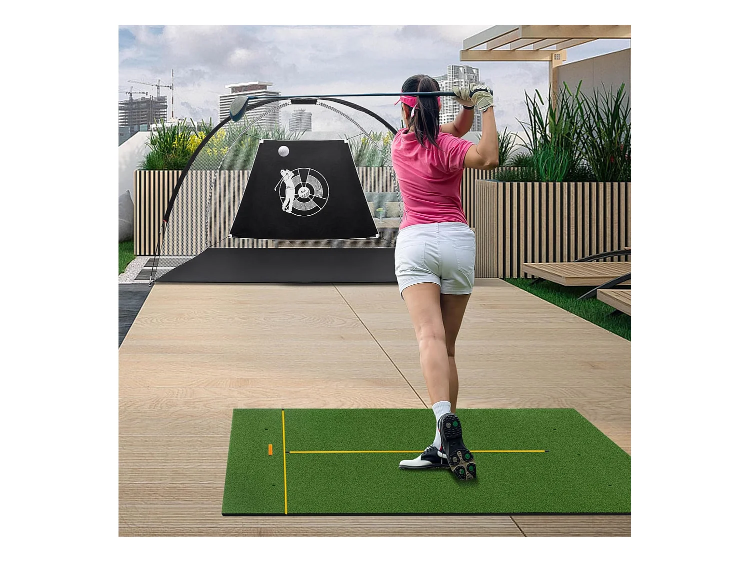 Golf afslagmat, golfoefenmat incl. 2 rubberen tees en 2 uitlijningsstaven, golfmat met 6 afslagposities, voor binnen en buiten