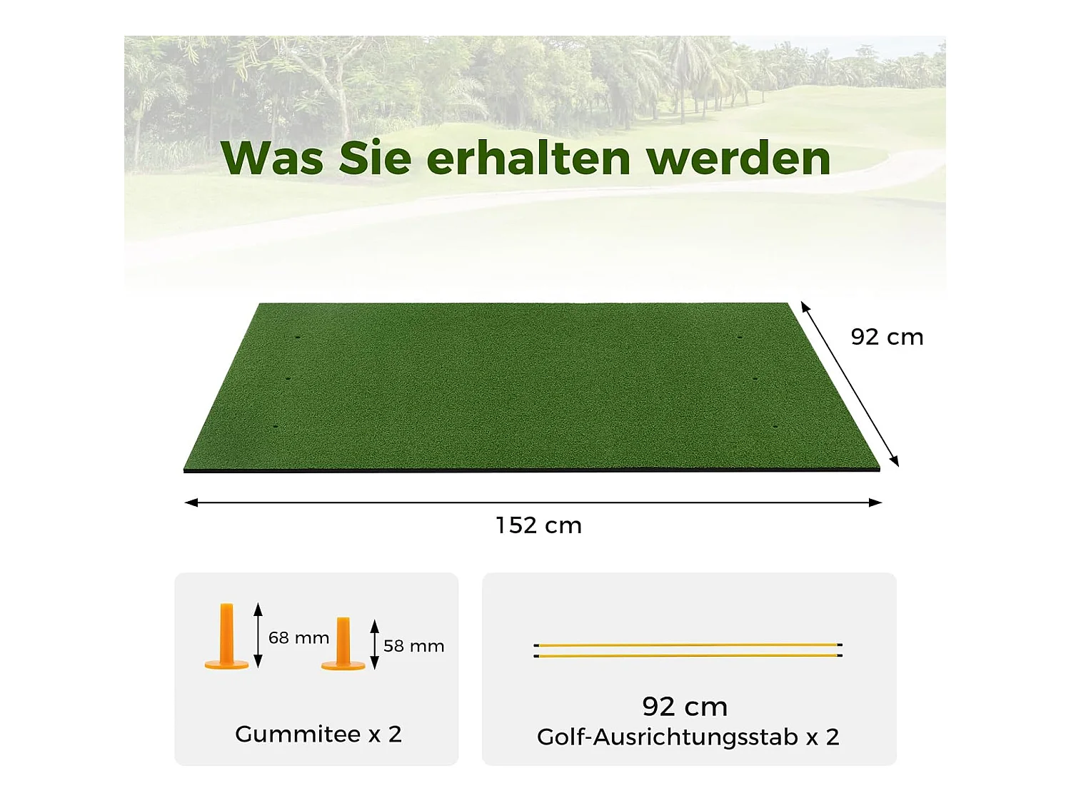 Golf afslagmat, golfoefenmat incl. 2 rubberen tees en 2 uitlijningsstaven, golfmat met 6 afslagposities, voor binnen en buiten