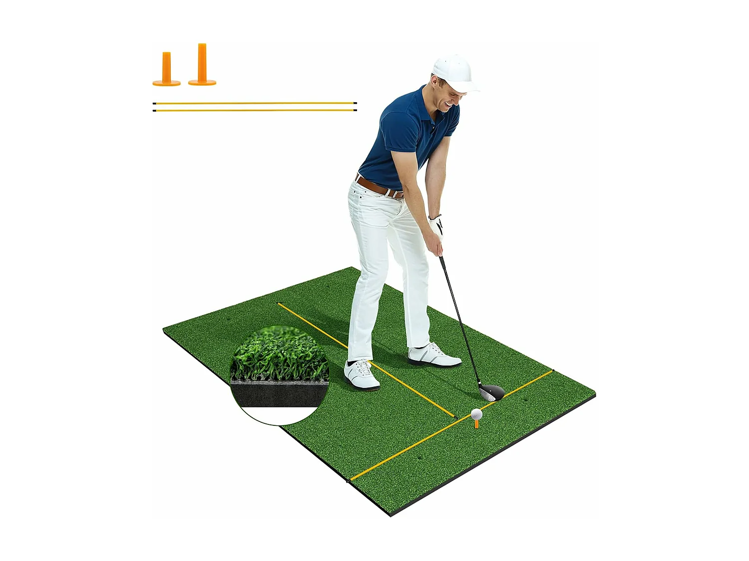 Golf afslagmat, golfoefenmat incl. 2 rubberen tees en 2 uitlijningsstaven, golfmat met 6 afslagposities, voor binnen en buiten
