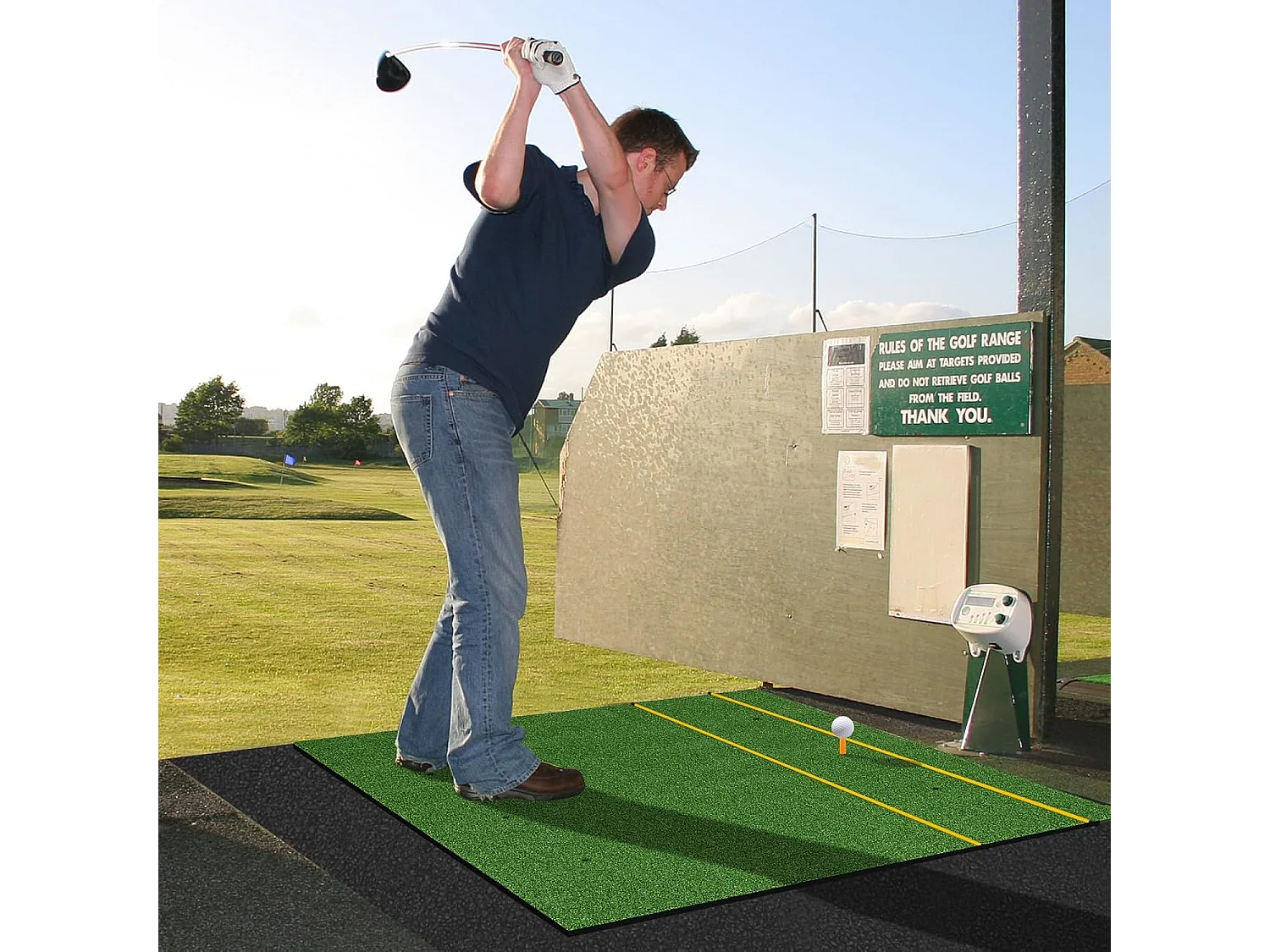 Golf afslagmat, golfoefenmat incl. 2 rubberen tees en 2 uitlijningsstaven, golfmat met 6 afslagposities, voor binnen en buiten