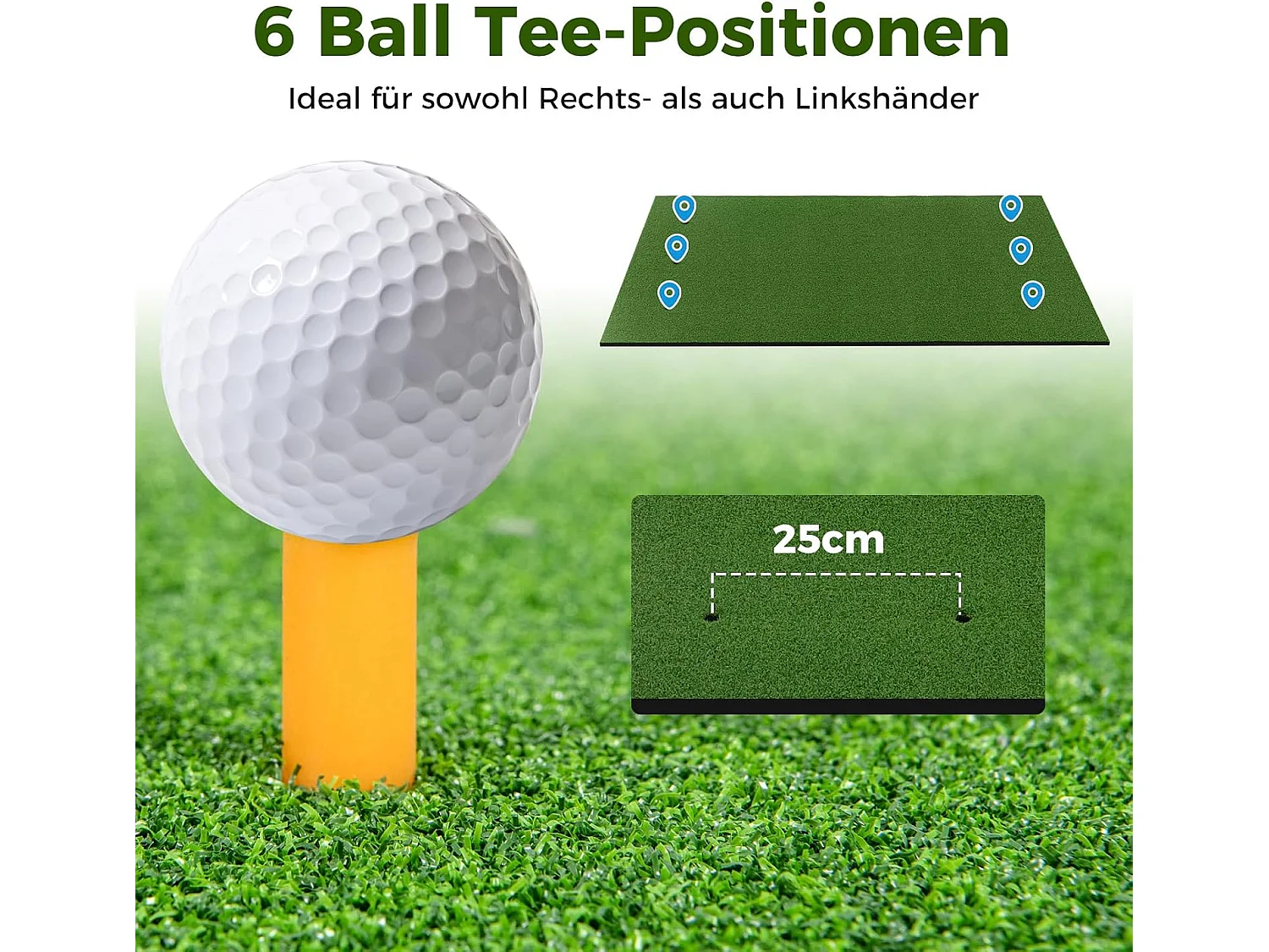 Golf afslagmat, golfoefenmat incl. 2 rubberen tees en 2 uitlijningsstaven, golfmat met 6 afslagposities, voor binnen en buiten