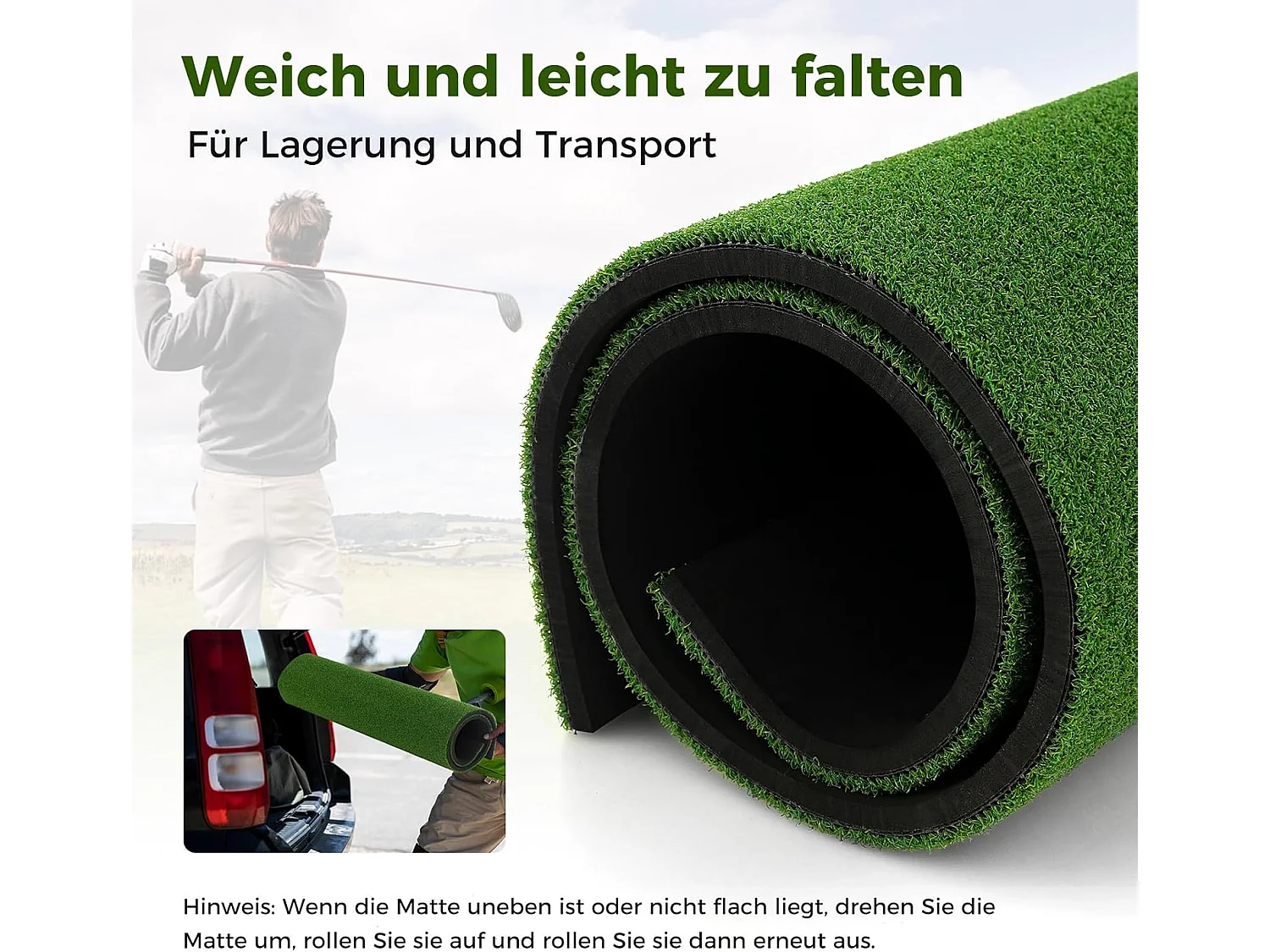 Golf afslagmat, golfoefenmat incl. 2 rubberen tees en 2 uitlijningsstaven, golfmat met 6 afslagposities, voor binnen en buiten