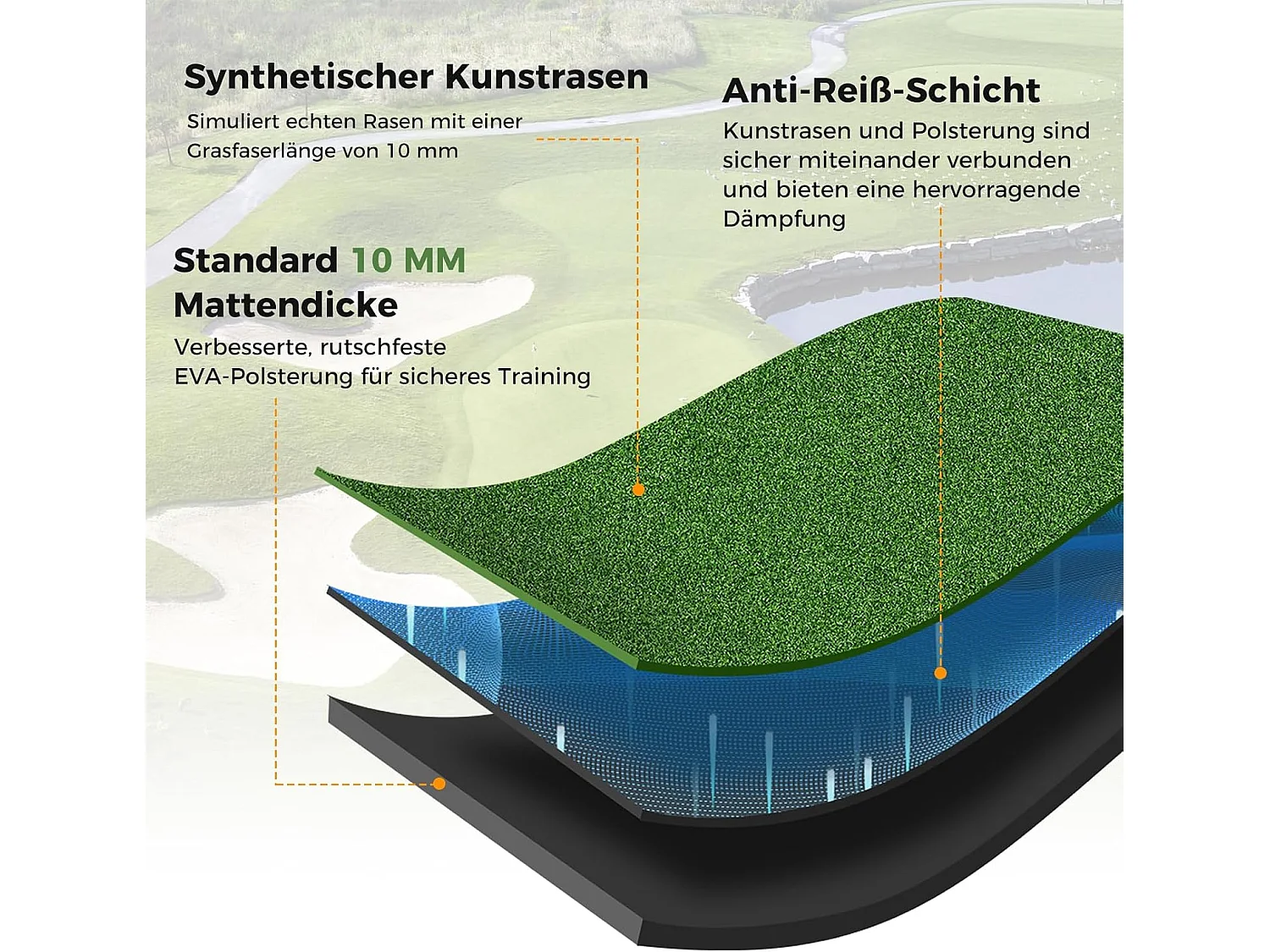 Golf afslagmat, golfoefenmat incl. 2 rubberen tees en 2 uitlijningsstaven, golfmat met 6 afslagposities, voor binnen en buiten