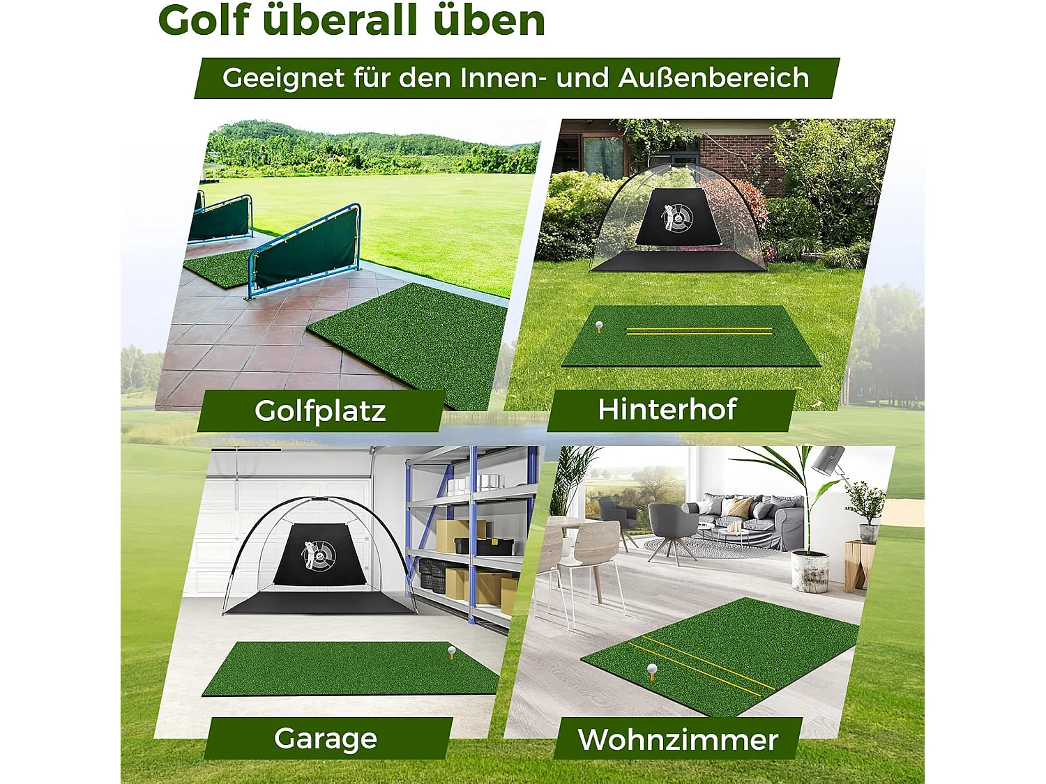 Golf afslagmat, golfoefenmat incl. 2 rubberen tees en 2 uitlijningsstaven, golfmat met 6 afslagposities, voor binnen en buiten