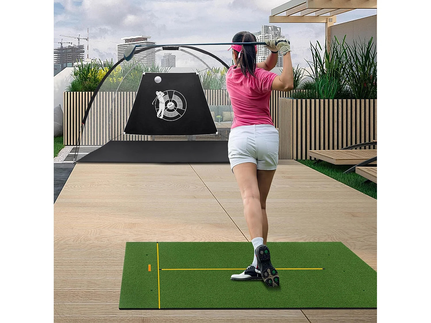 Golf afslagmat, golfoefenmat incl. 2 rubberen tees en 2 uitlijningsstaven, golfmat met 6 afslagposities, voor binnen en buiten