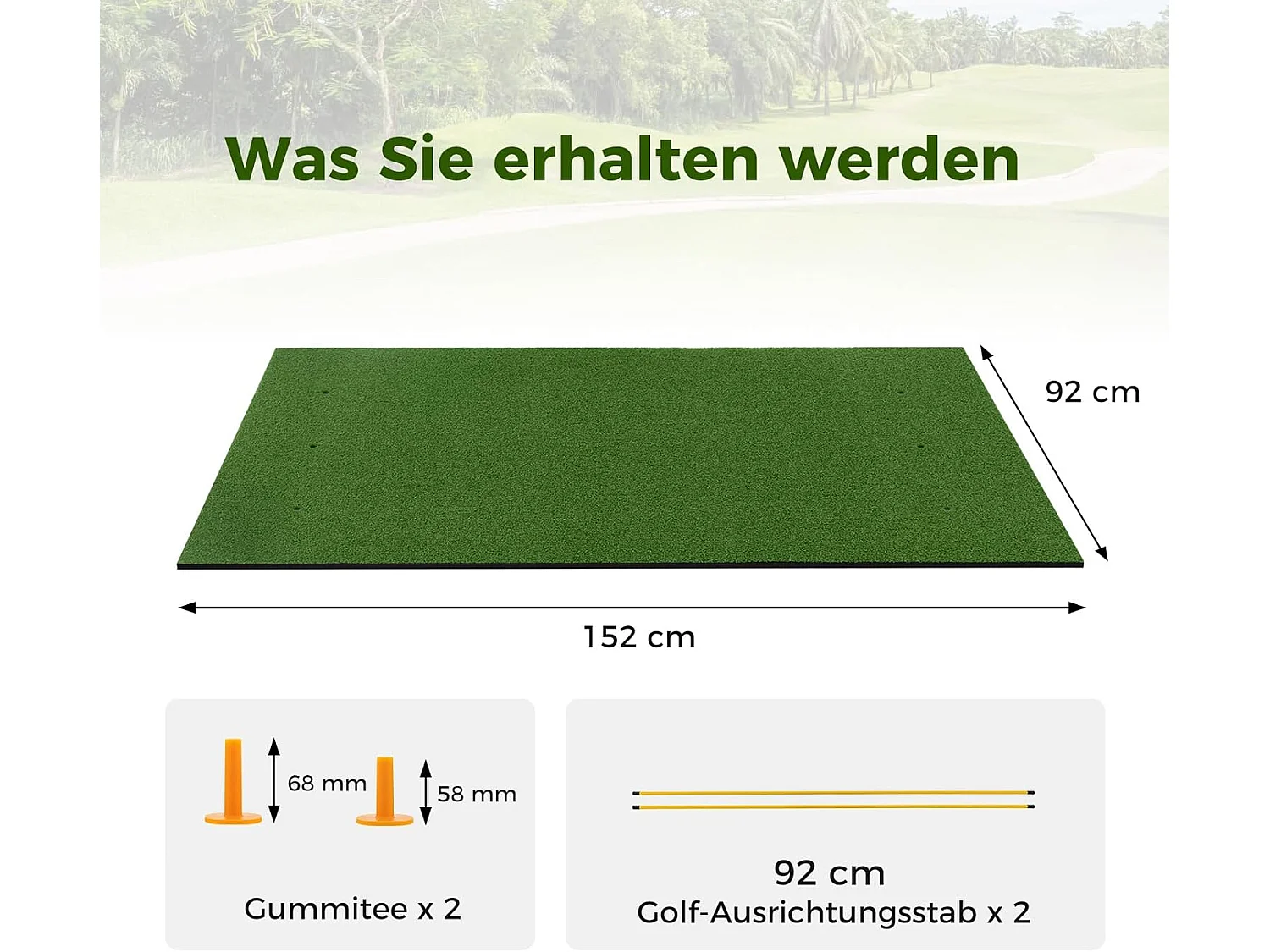 Golf afslagmat, golfoefenmat incl. 2 rubberen tees en 2 uitlijningsstaven, golfmat met 6 afslagposities, voor binnen en buiten
