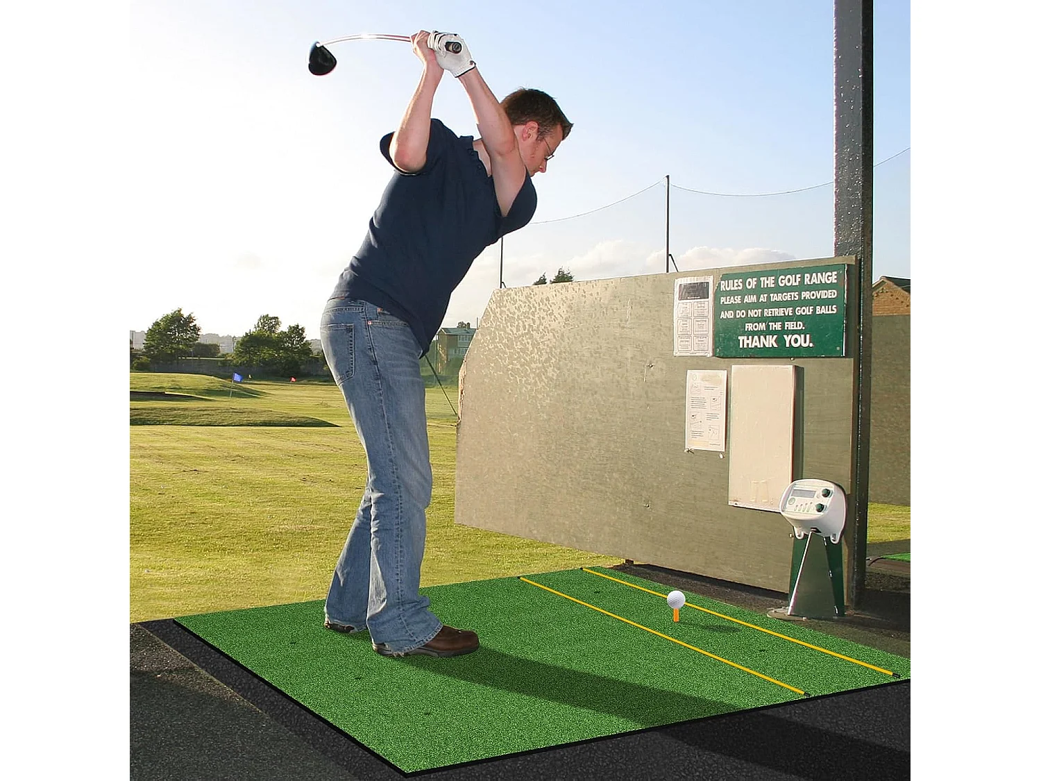 Golf afslagmat, golfoefenmat incl. 2 rubberen tees en 2 uitlijningsstaven, golfmat, voor binnen en buiten