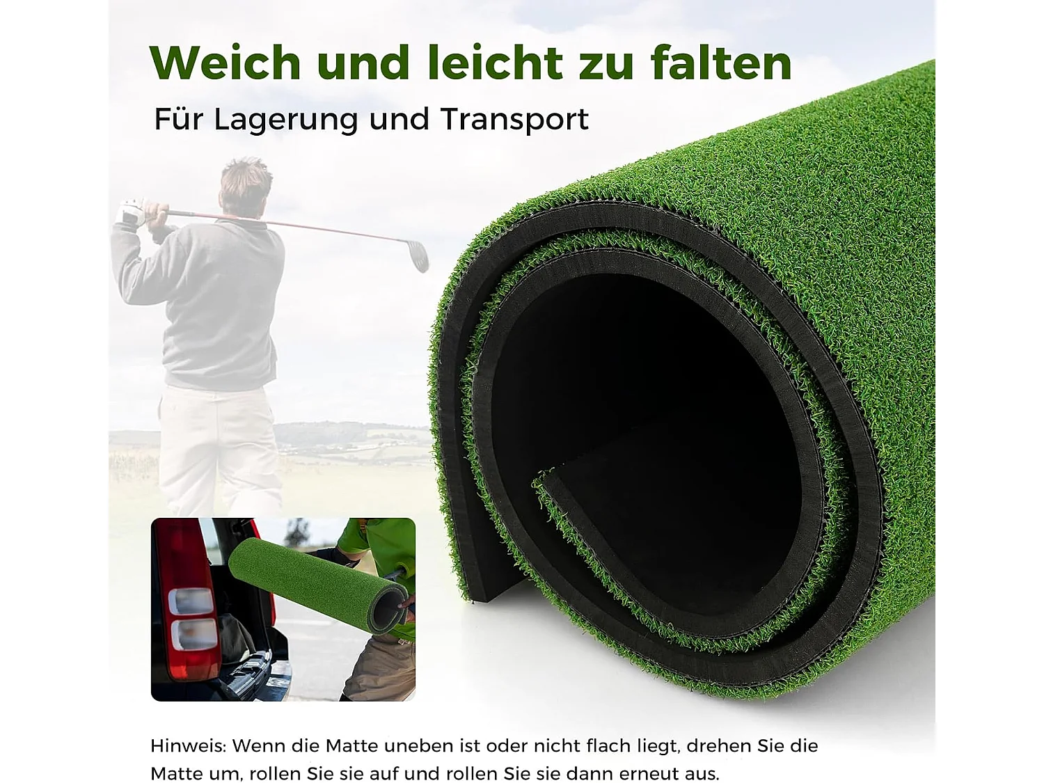 Golf afslagmat, golfoefenmat incl. 2 rubberen tees en 2 uitlijningsstaven, golfmat, voor binnen en buiten