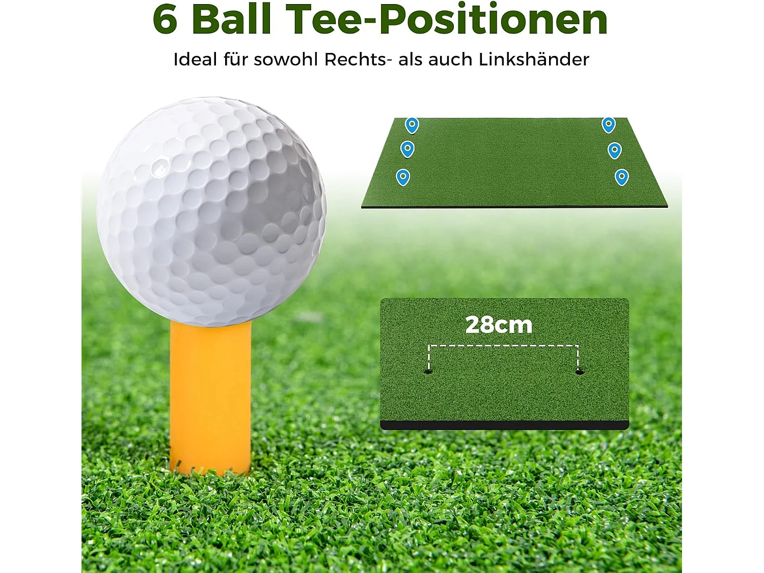 Golf afslagmat, golfoefenmat incl. 2 rubberen tees en 2 uitlijningsstaven, golfmat, voor binnen en buiten