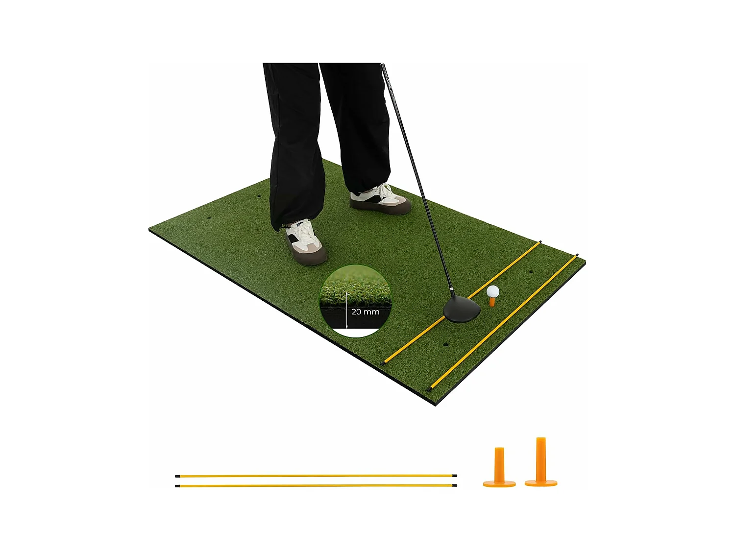 Golf afslagmat, golfoefenmat incl. 2 rubberen tees en 2 uitlijnstaven, golfmat met 6 slagposities, voor binnen en buiten