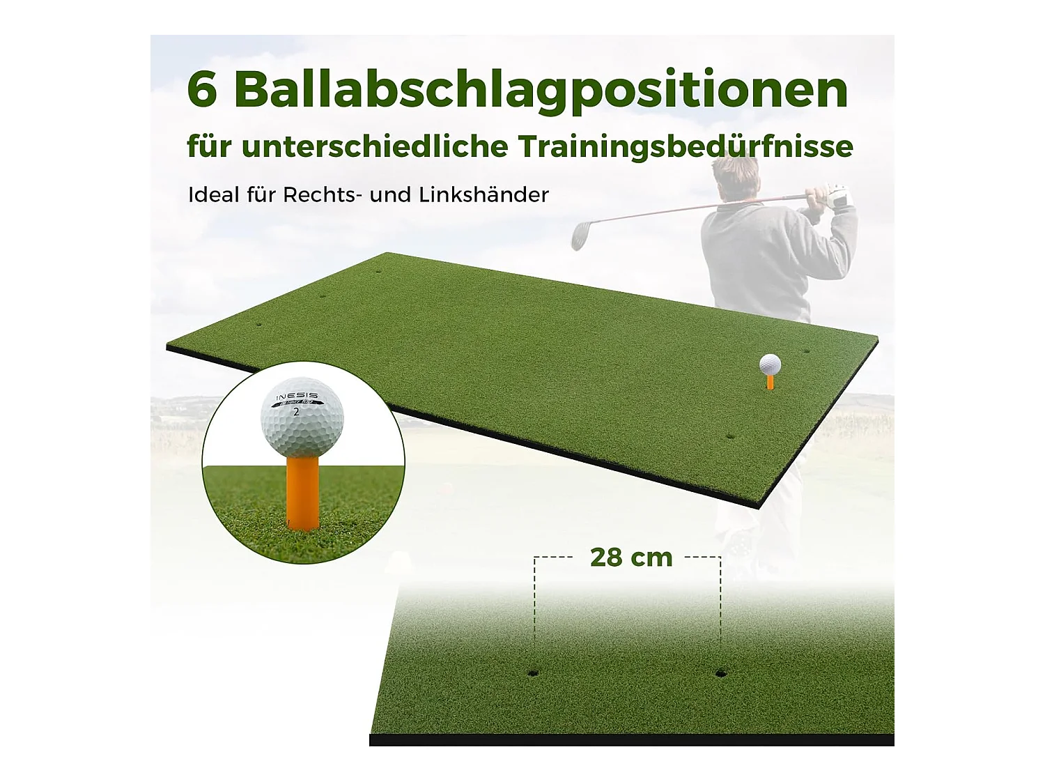 Golf afslagmat, golfoefenmat incl. 2 rubberen tees en 2 uitlijnstaven, golfmat met 6 slagposities, voor binnen en buiten