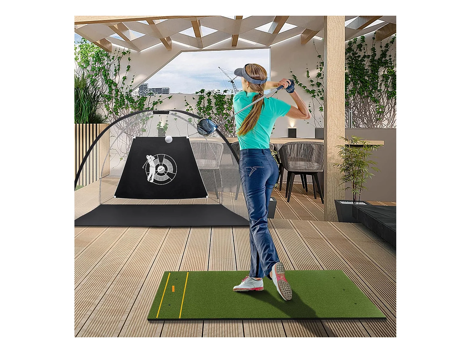 Golf afslagmat, golfoefenmat incl. 2 rubberen tees en 2 uitlijnstaven, golfmat met 6 slagposities, voor binnen en buiten