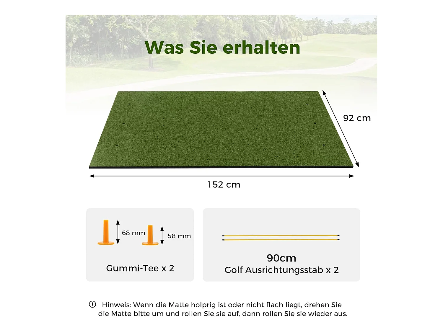 Golf afslagmat, golfoefenmat incl. 2 rubberen tees en 2 uitlijnstaven, golfmat met 6 slagposities, voor binnen en buiten