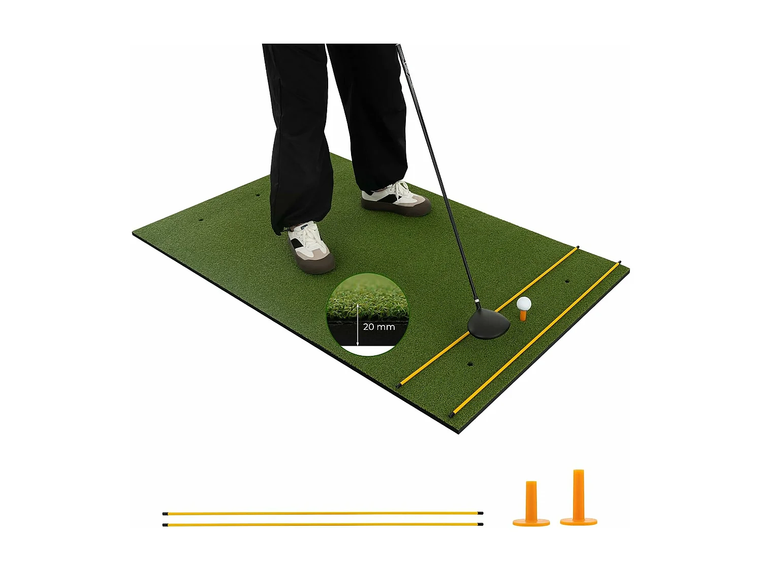 Golf afslagmat, golfoefenmat incl. 2 rubberen tees en 2 uitlijnstaven, golfmat met 6 slagposities, voor binnen en buiten