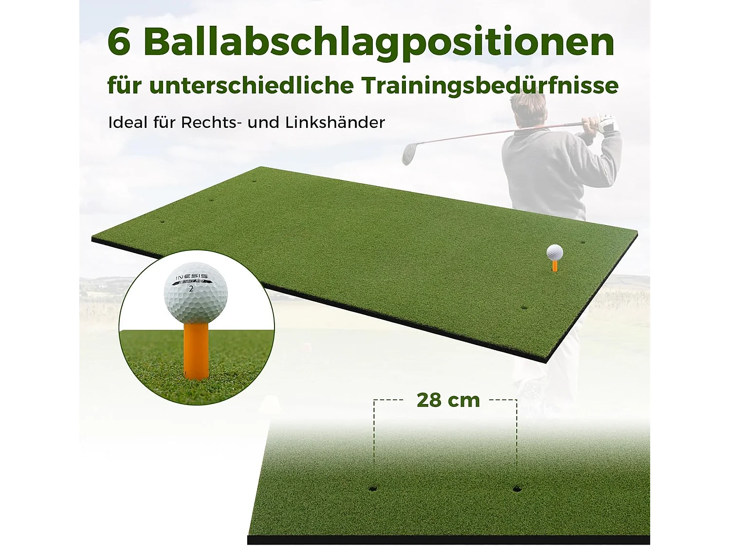 Golf afslagmat, golfoefenmat incl. 2 rubberen tees en 2 uitlijnstaven, golfmat met 6 slagposities, voor binnen en buiten