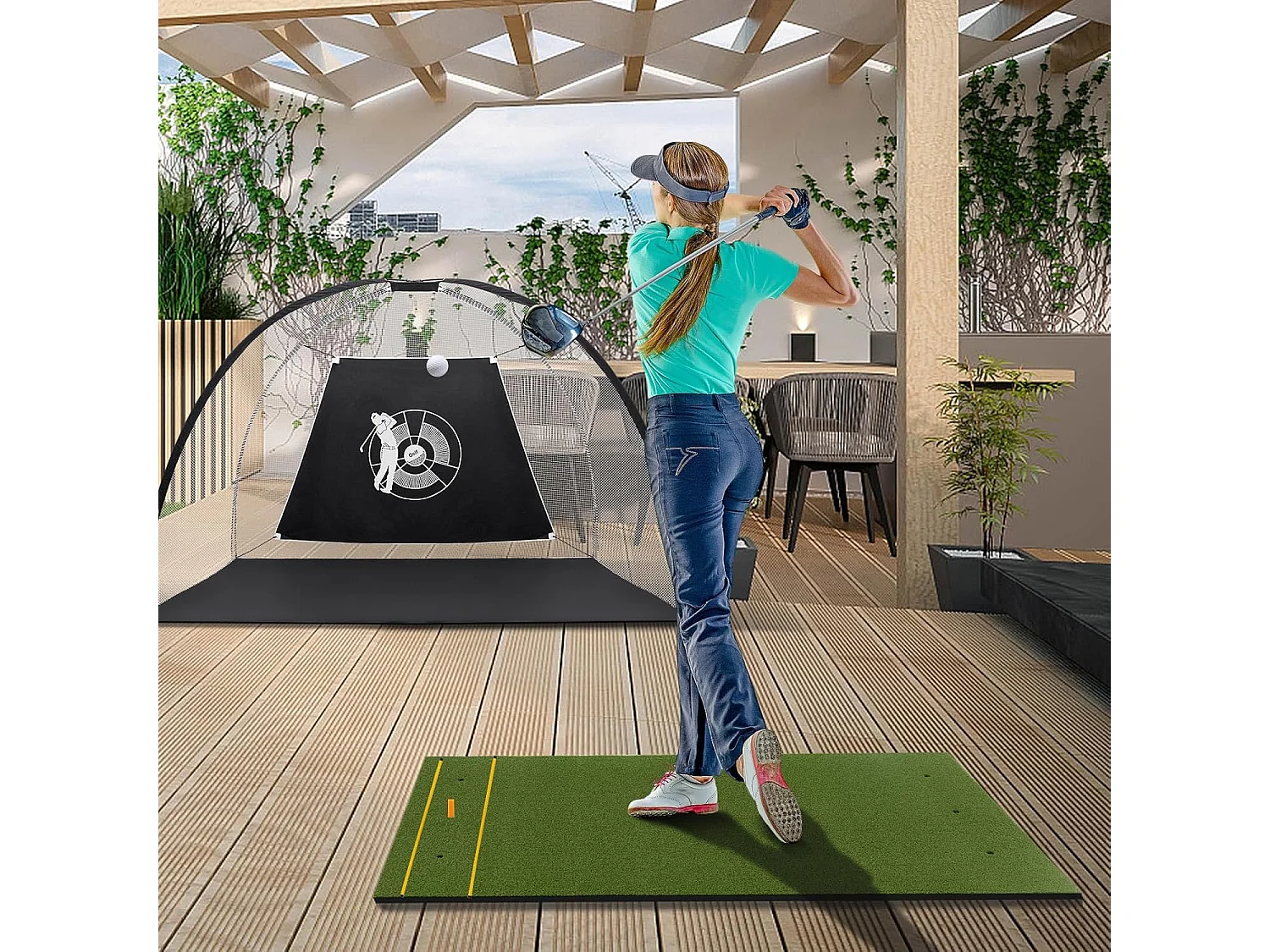 Golf afslagmat, golfoefenmat incl. 2 rubberen tees en 2 uitlijnstaven, golfmat met 6 slagposities, voor binnen en buiten