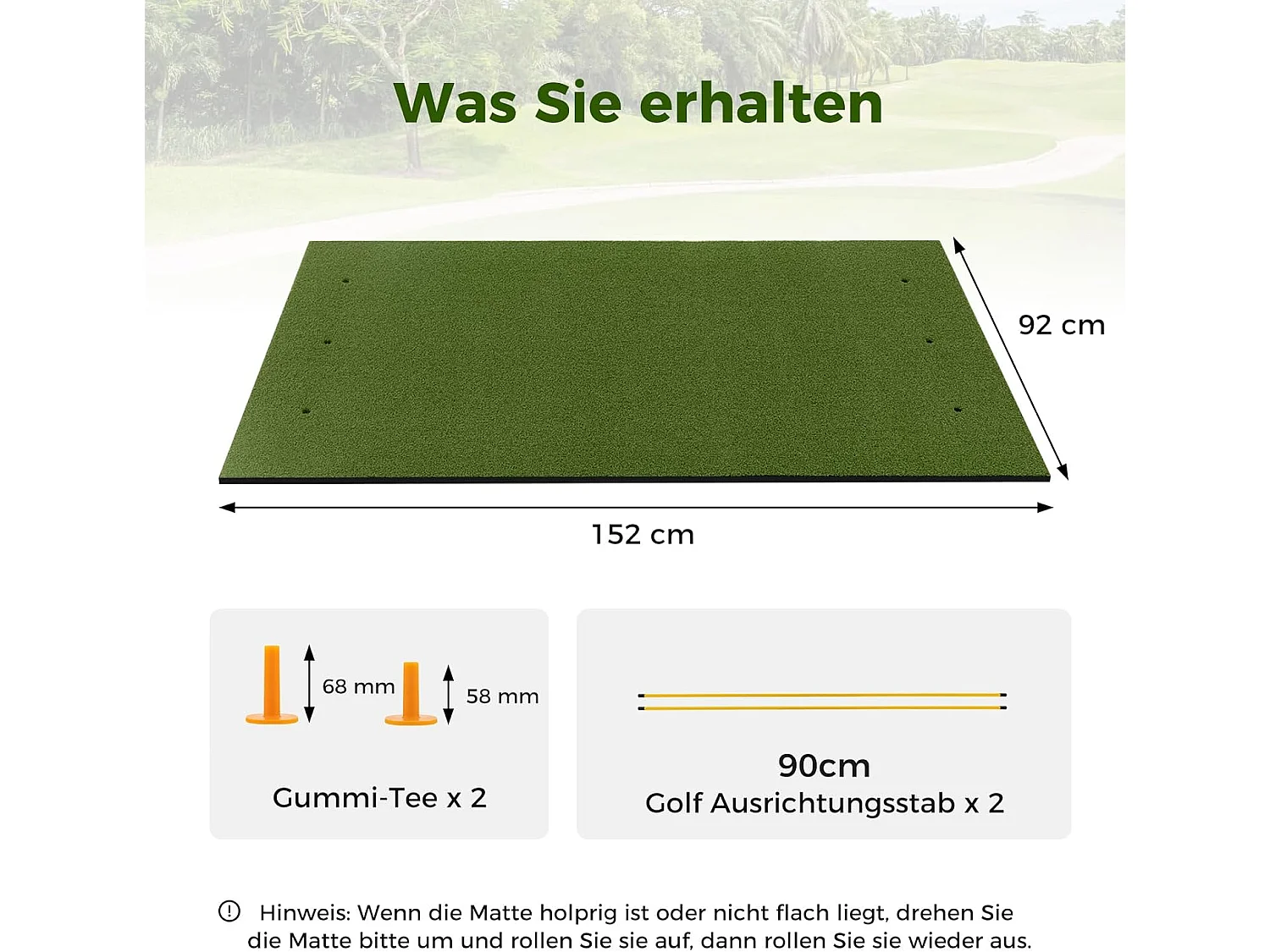 Golf afslagmat, golfoefenmat incl. 2 rubberen tees en 2 uitlijnstaven, golfmat met 6 slagposities, voor binnen en buiten