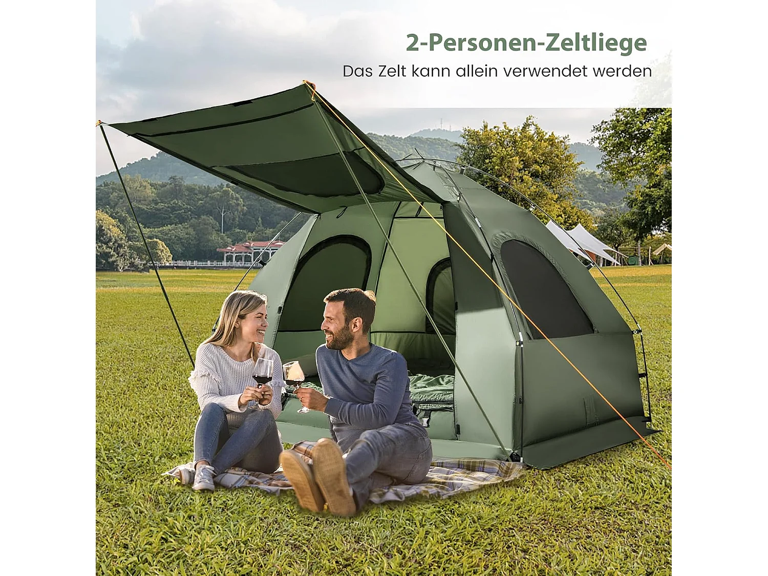 Veldbed met tent voor 2 personen, campingbed met voortent, luchtmatras, campingligstoel met draagtas op wielen, 194 x 145 x 187 cm