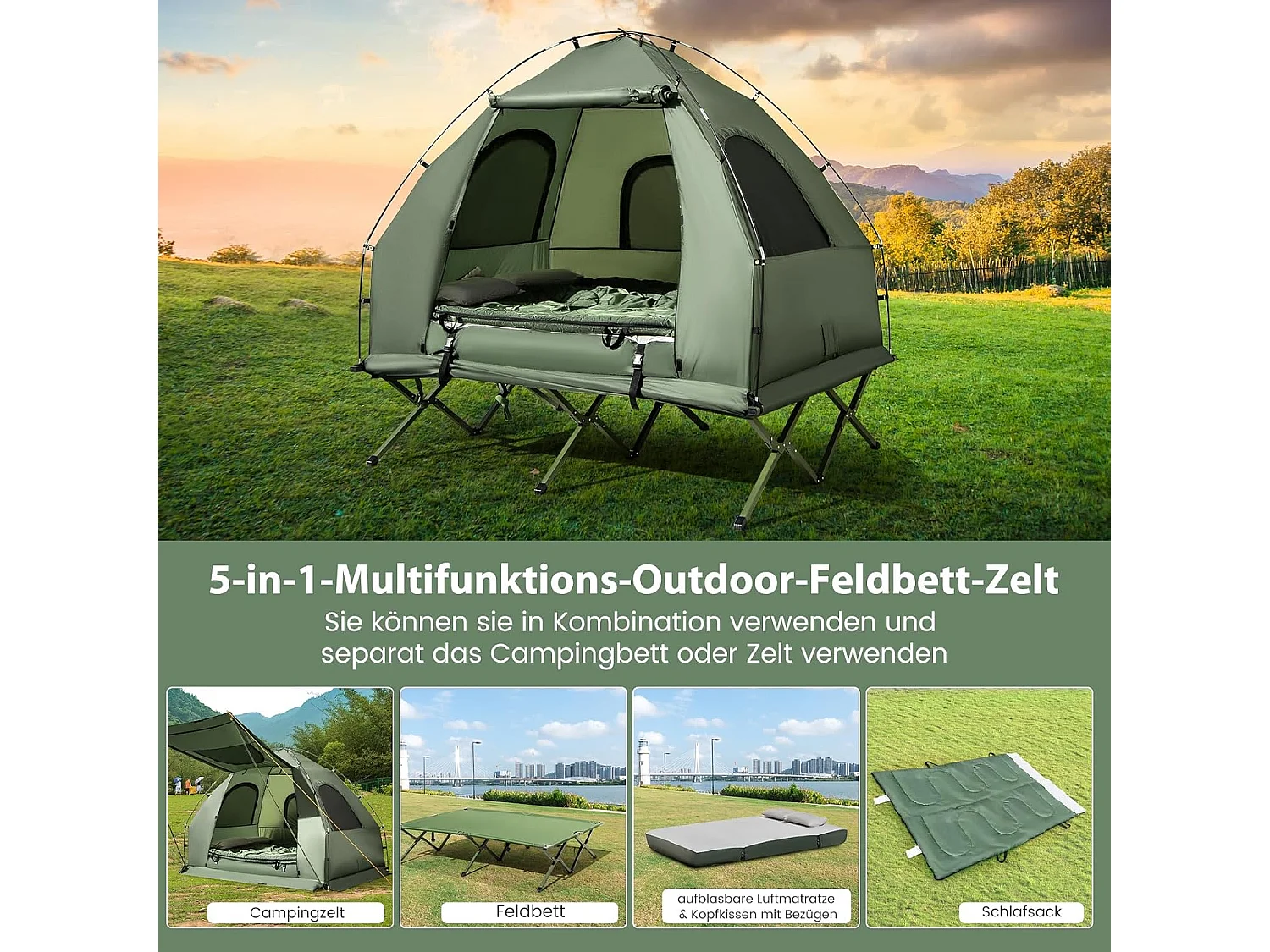 Veldbed met tent voor 2 personen, campingbed met voortent, luchtmatras, campingligstoel met draagtas op wielen, 194 x 145 x 187 cm