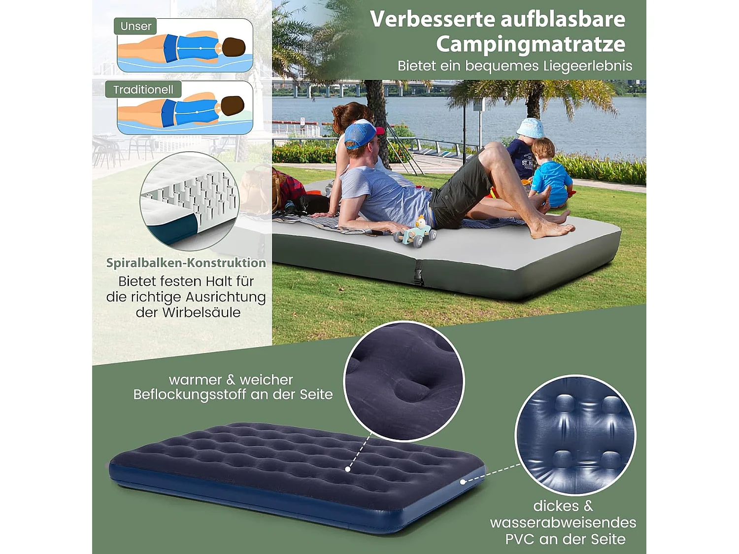Veldbed met tent voor 2 personen, campingbed met voortent, luchtmatras, campingligstoel met draagtas op wielen, 194 x 145 x 187 cm
