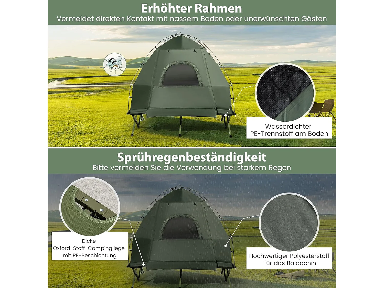Veldbed met tent voor 2 personen, campingbed met voortent, luchtmatras, campingligstoel met draagtas op wielen, 194 x 145 x 187 cm