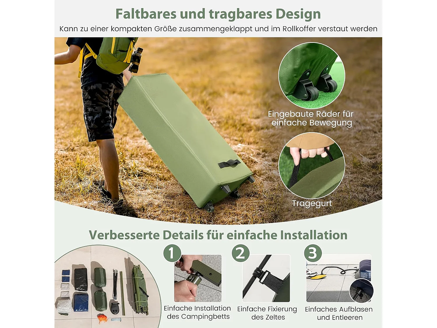 Veldbed met tent voor 2 personen, campingbed met voortent, luchtmatras, campingligstoel met draagtas op wielen, 194 x 145 x 187 cm