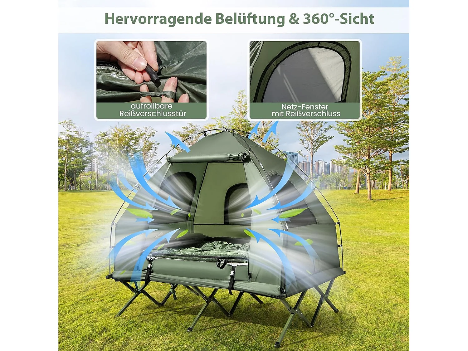 Veldbed met tent voor 2 personen, campingbed met voortent, luchtmatras, campingligstoel met draagtas op wielen, 194 x 145 x 187 cm