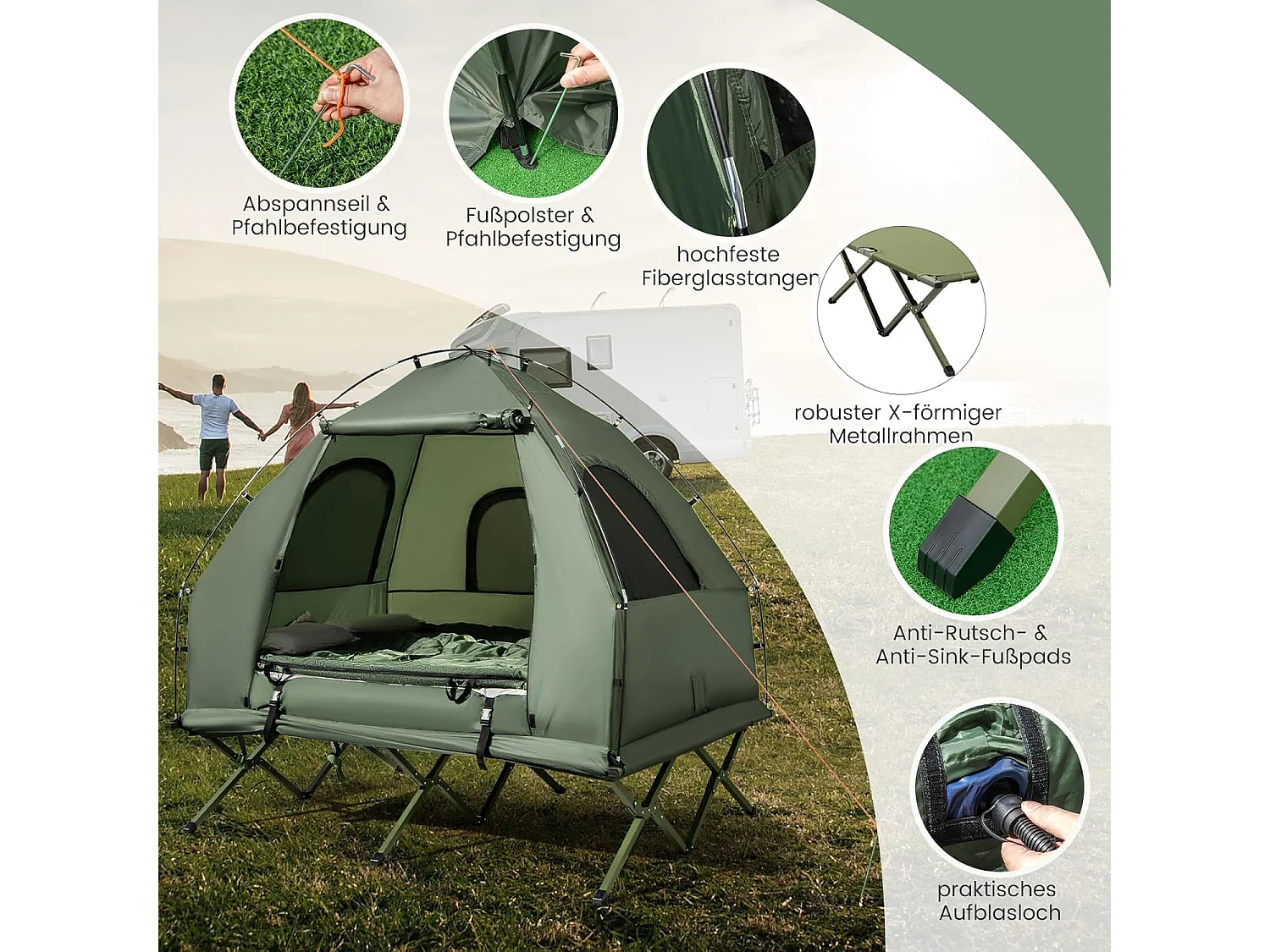 Veldbed met tent voor 2 personen, campingbed met voortent, luchtmatras, campingligstoel met draagtas op wielen, 194 x 145 x 187 cm