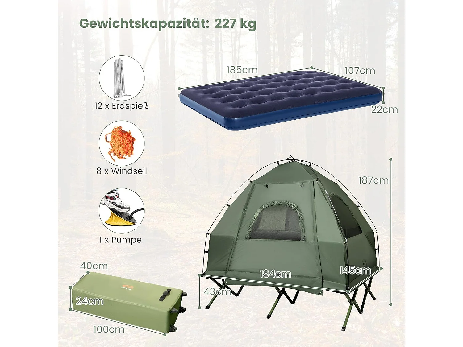 Veldbed met tent voor 2 personen, campingbed met voortent, luchtmatras, campingligstoel met draagtas op wielen, 194 x 145 x 187 cm