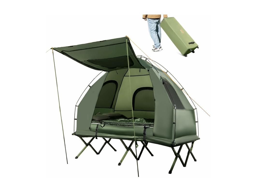 Veldbed met tent voor 2 personen, campingbed met voortent, luchtmatras, campingligstoel met draagtas op wielen, 194 x 145 x 187 cm
