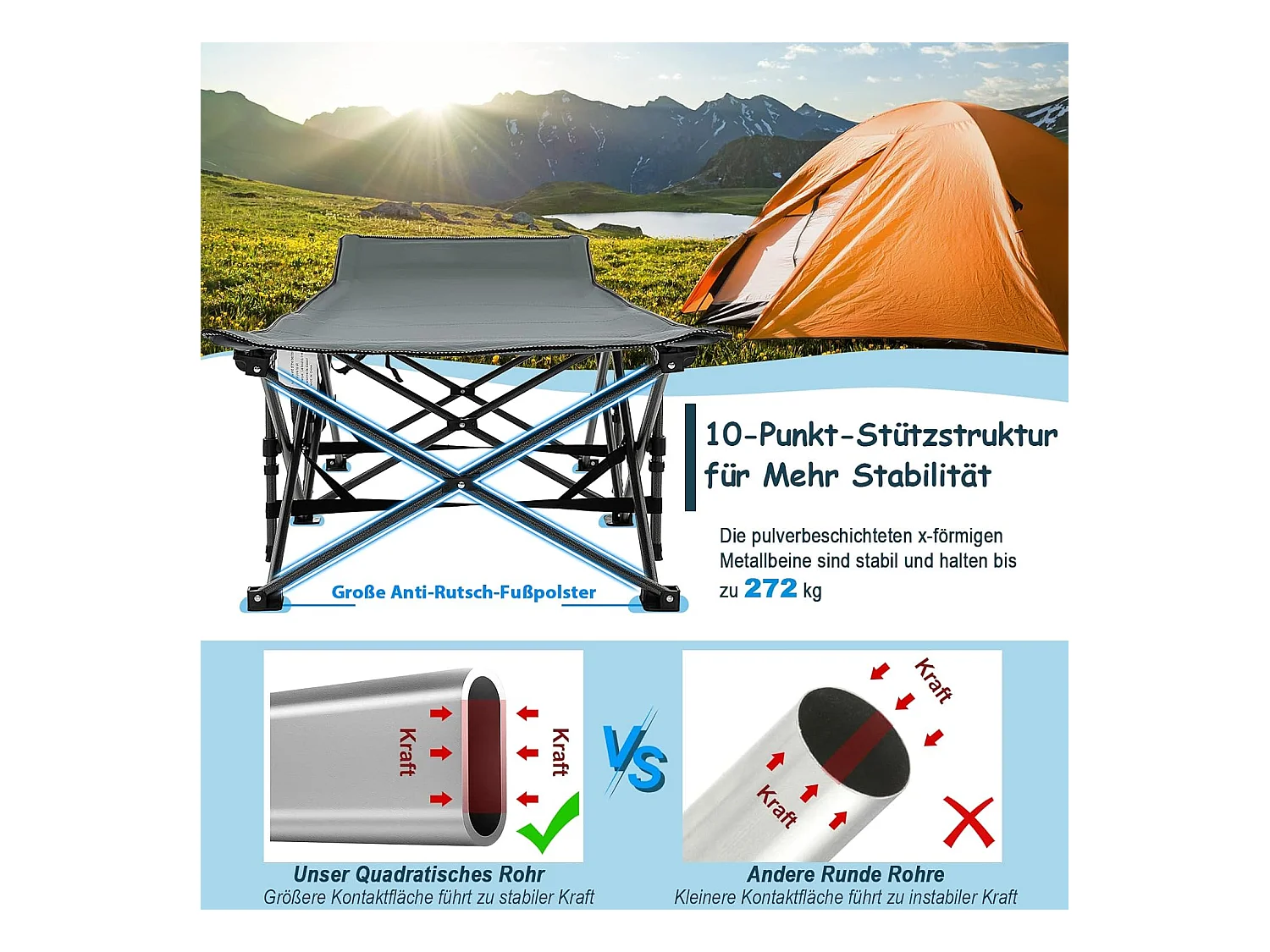 Veldbed met zijzak, tot 272 kg belastbaar, inklapbaar campingbed, campingligstoel, klapbed, reisligstoel, vouwbed voor reizen, indoor, outdoor ZB32012