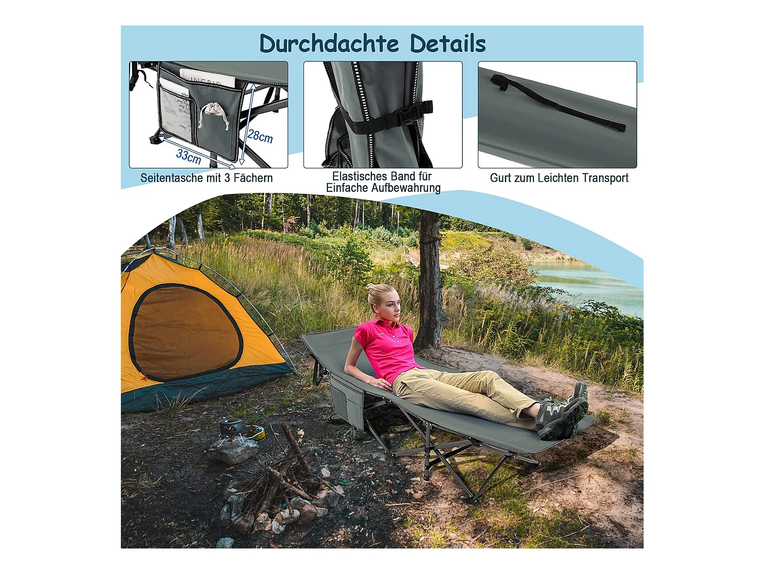 Veldbed met zijzak, tot 272 kg belastbaar, inklapbaar campingbed, campingligstoel, klapbed, reisligstoel, vouwbed voor reizen, indoor, outdoor ZB32012