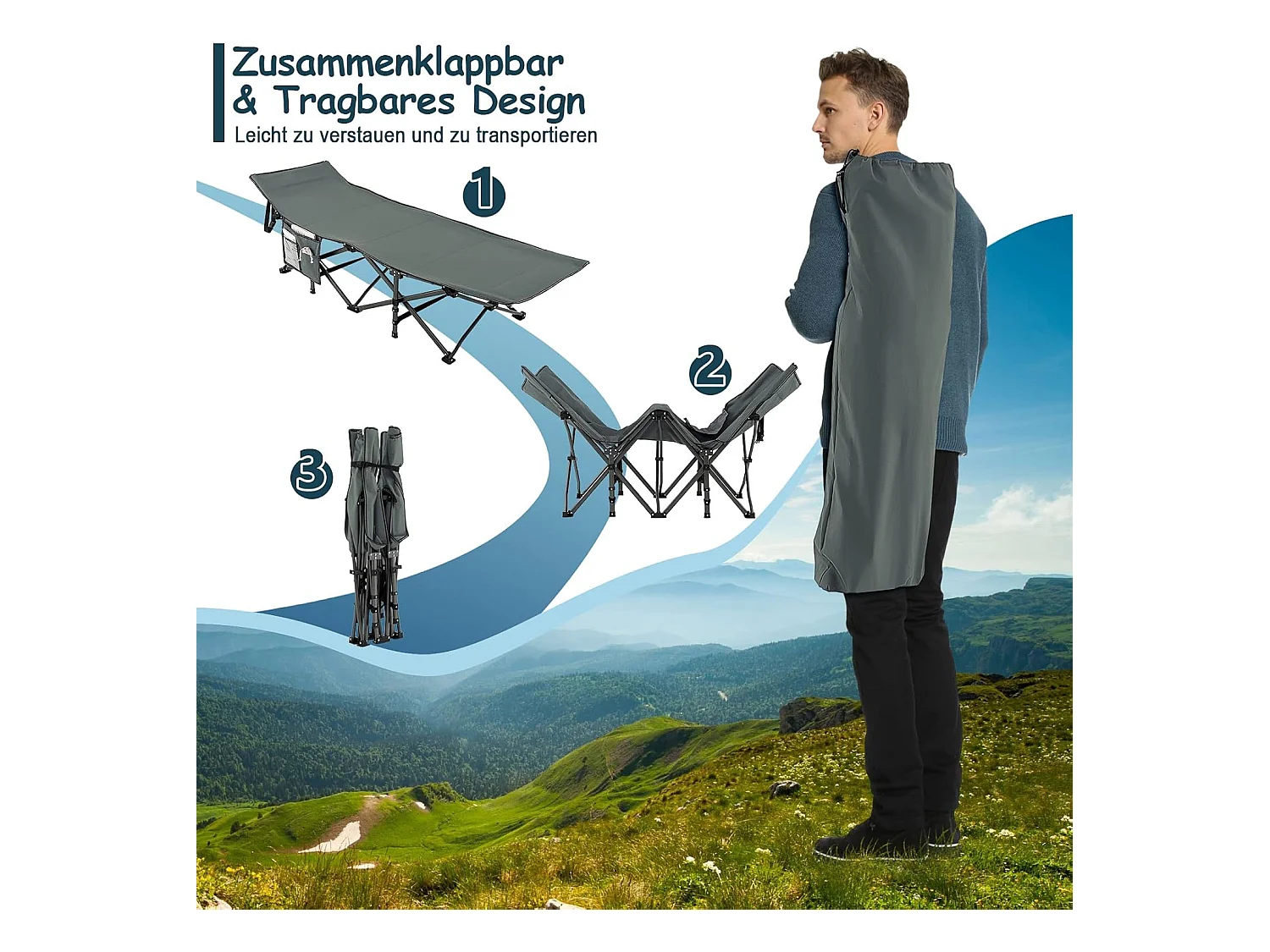 Veldbed met zijzak, tot 272 kg belastbaar, inklapbaar campingbed, campingligstoel, klapbed, reisligstoel, vouwbed voor reizen, indoor, outdoor ZB32012