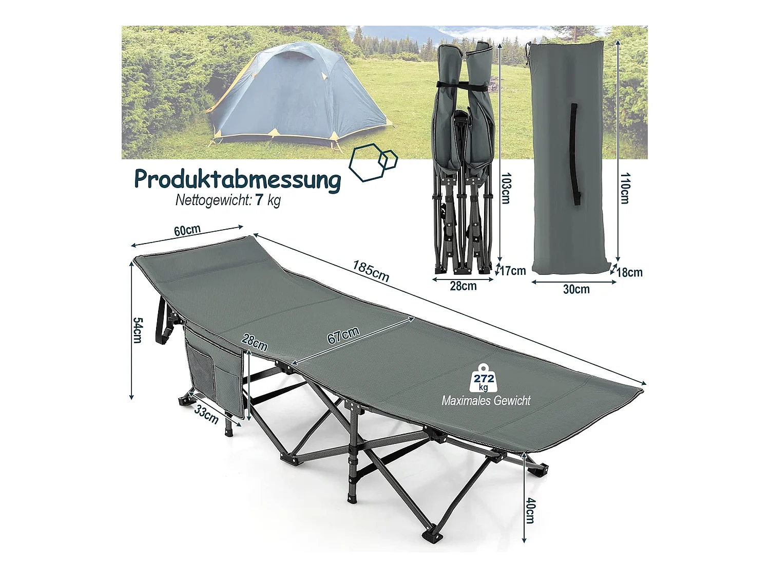 Veldbed met zijzak, tot 272 kg belastbaar, inklapbaar campingbed, campingligstoel, klapbed, reisligstoel, vouwbed voor reizen, indoor, outdoor ZB32012