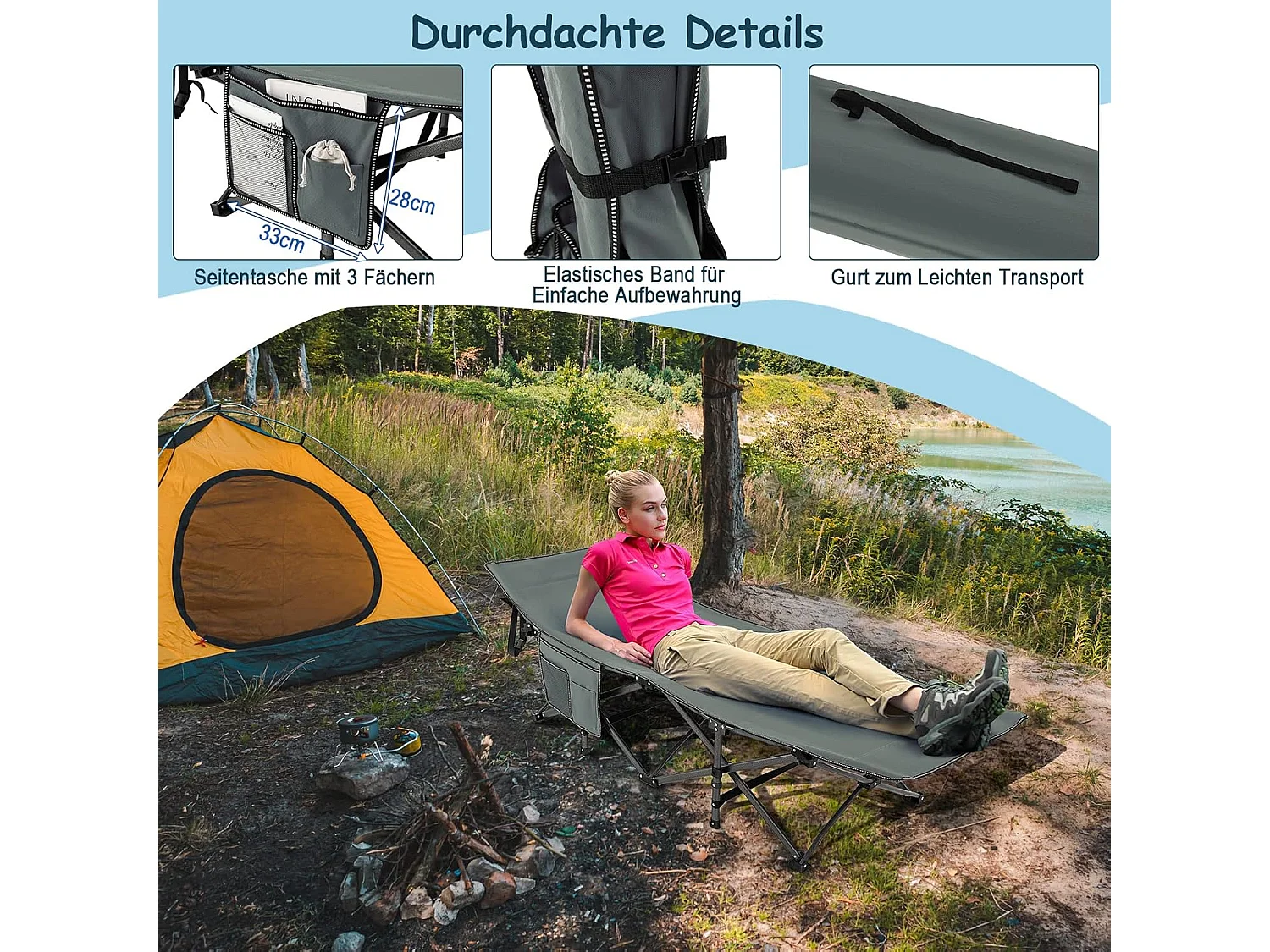 Veldbed met zijzak, tot 272 kg belastbaar, inklapbaar campingbed, campingligstoel, klapbed, reisligstoel, vouwbed voor reizen, indoor, outdoor ZB32012