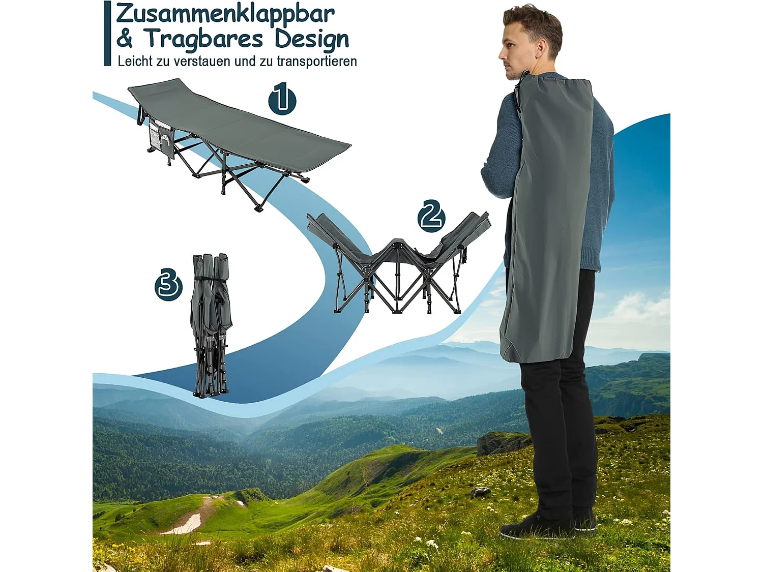 Veldbed met zijzak, tot 272 kg belastbaar, inklapbaar campingbed, campingligstoel, klapbed, reisligstoel, vouwbed voor reizen, indoor, outdoor ZB32012