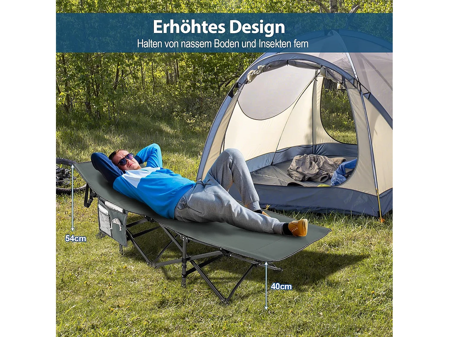 Veldbed met zijzak, tot 272 kg belastbaar, inklapbaar campingbed, campingligstoel, klapbed, reisligstoel, vouwbed voor reizen, indoor, outdoor ZB32012