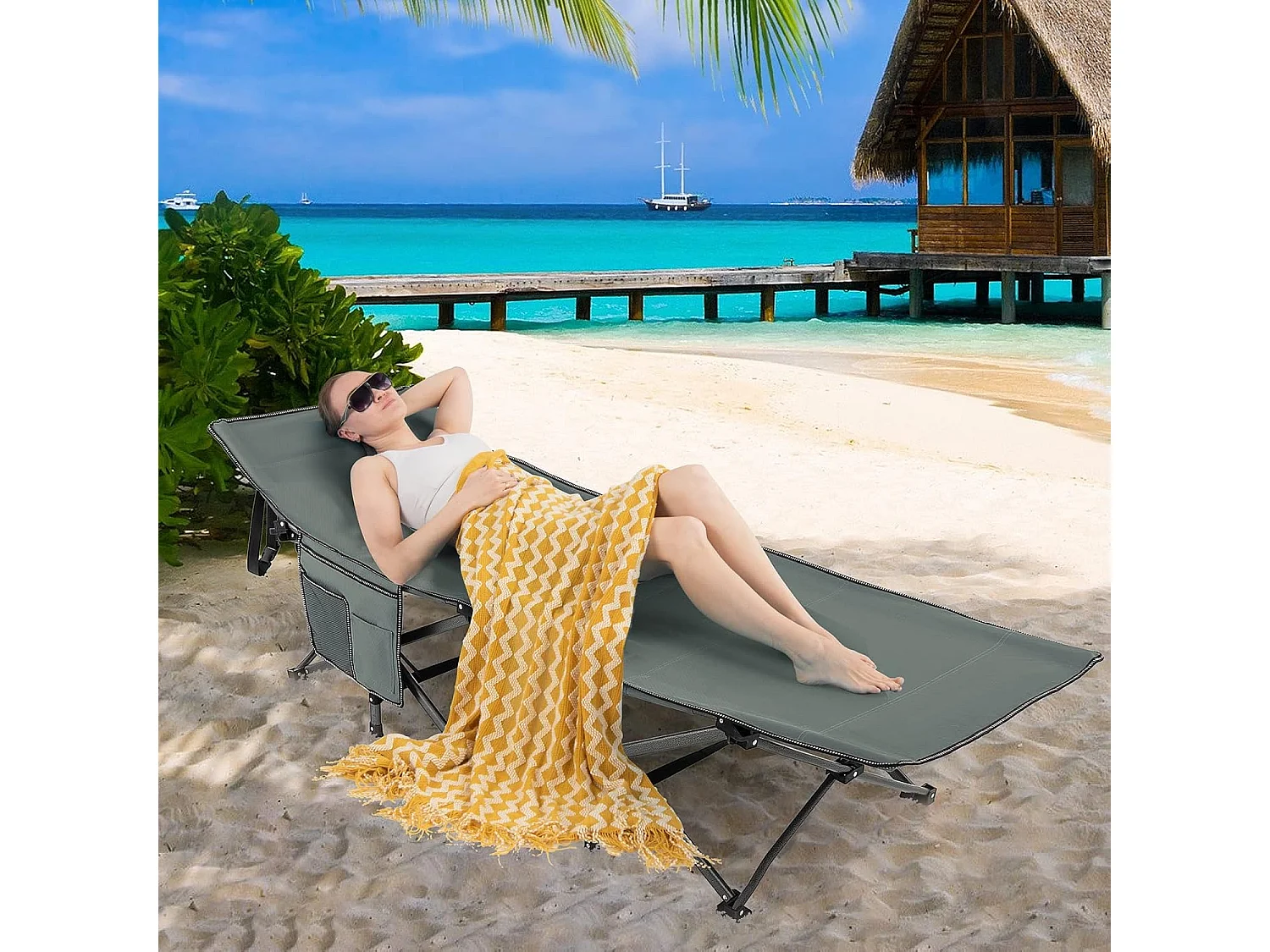 Veldbed met zijzak, tot 272 kg belastbaar, inklapbaar campingbed, campingligstoel, klapbed, reisligstoel, vouwbed voor reizen, indoor, outdoor ZB32012