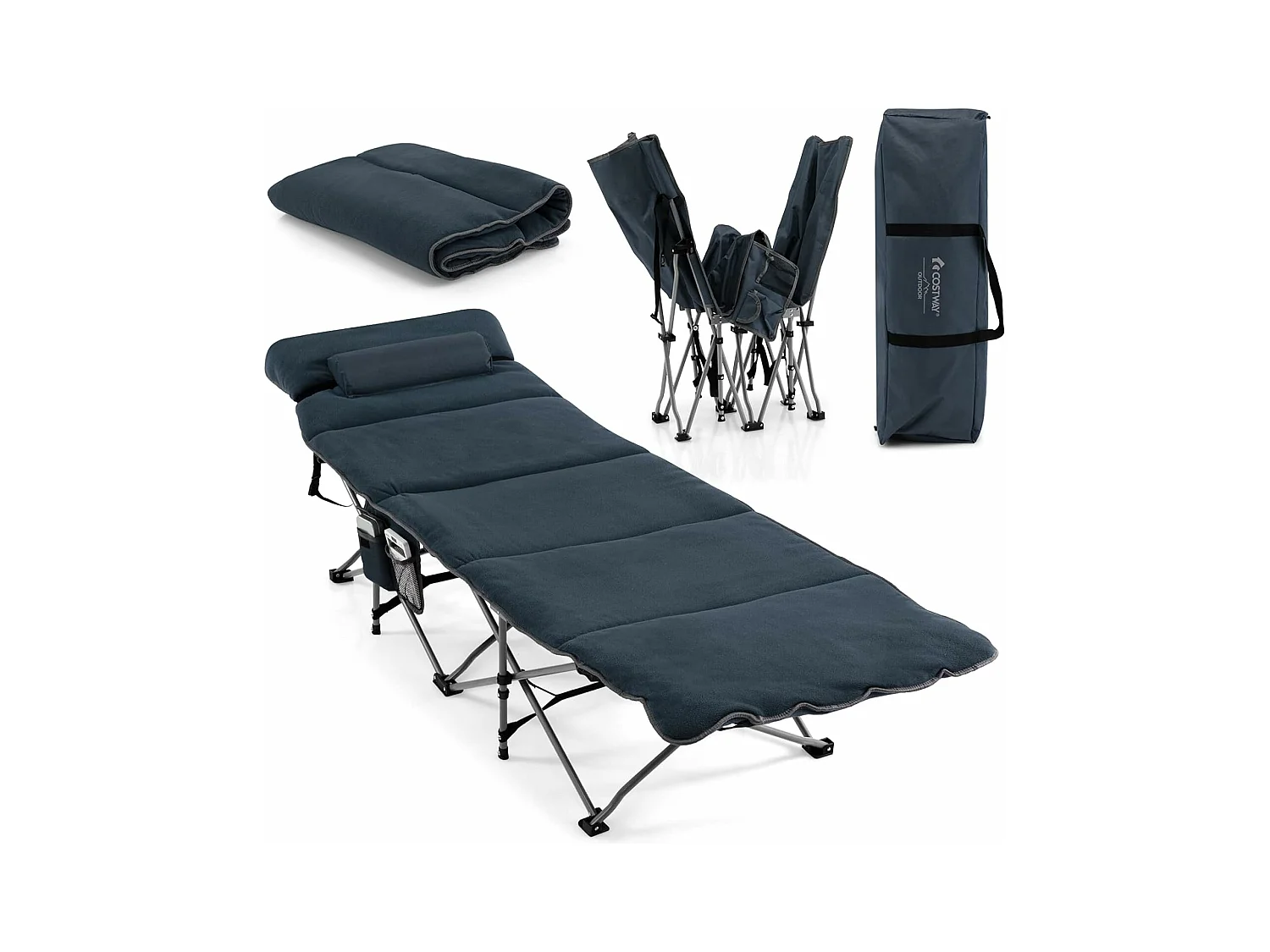 Veldbed, inklapbaar, campingbed met matras, kussen en zijzak, draagbare campingstoel, belastbaar tot 200 kg, incl. draagtas, klapbed voor camping, strand,  ZB32675