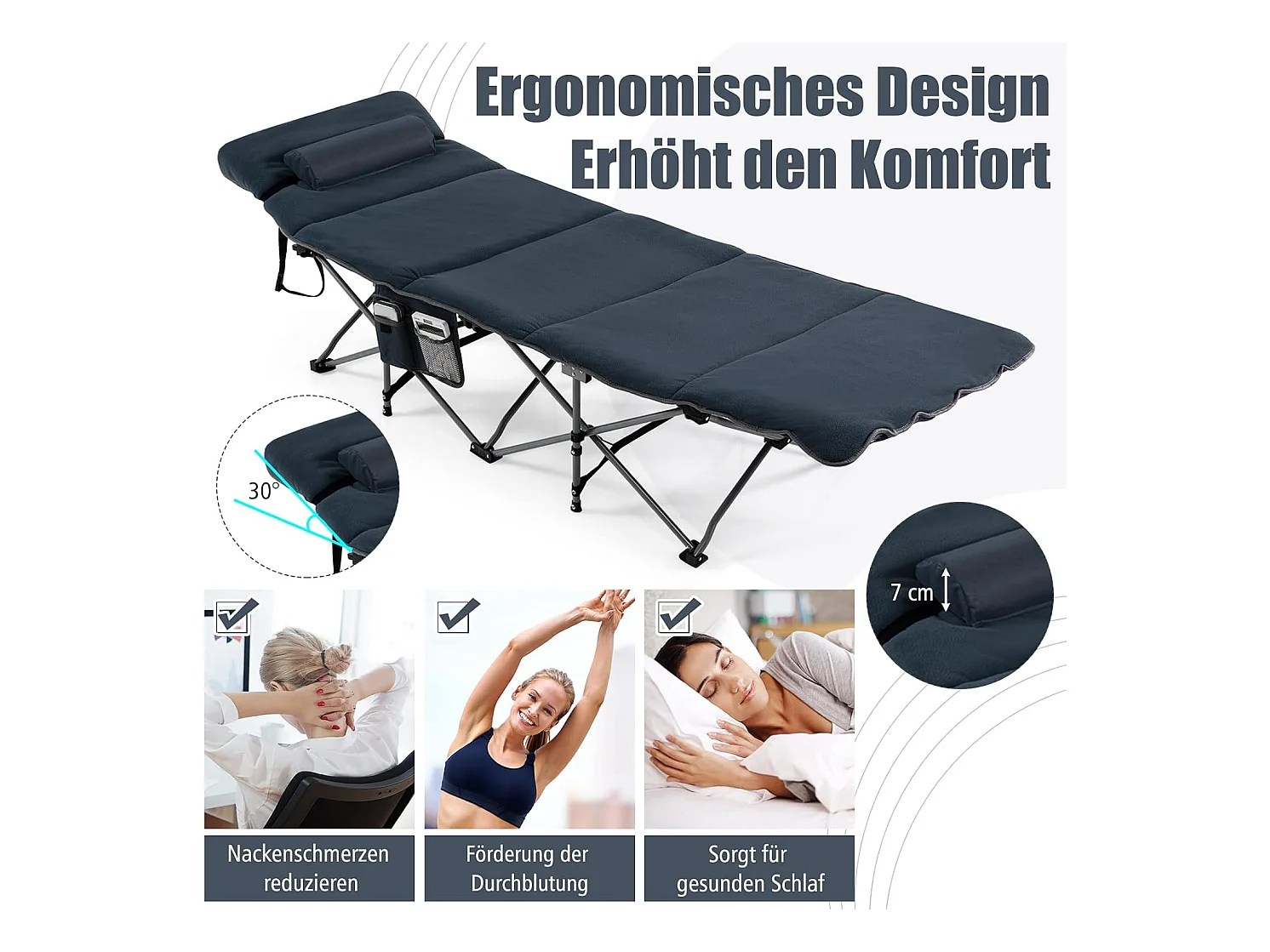 Veldbed, inklapbaar, campingbed met matras, kussen en zijzak, draagbare campingstoel, belastbaar tot 200 kg, incl. draagtas, klapbed voor camping, strand,  ZB32675
