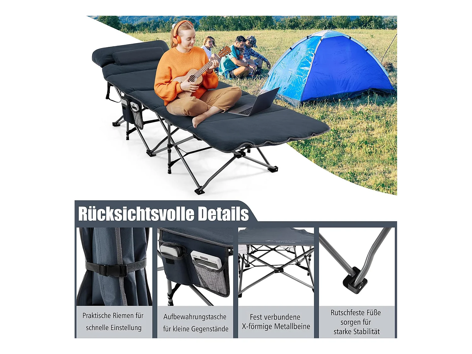 Veldbed, inklapbaar, campingbed met matras, kussen en zijzak, draagbare campingstoel, belastbaar tot 200 kg, incl. draagtas, klapbed voor camping, strand,  ZB32675