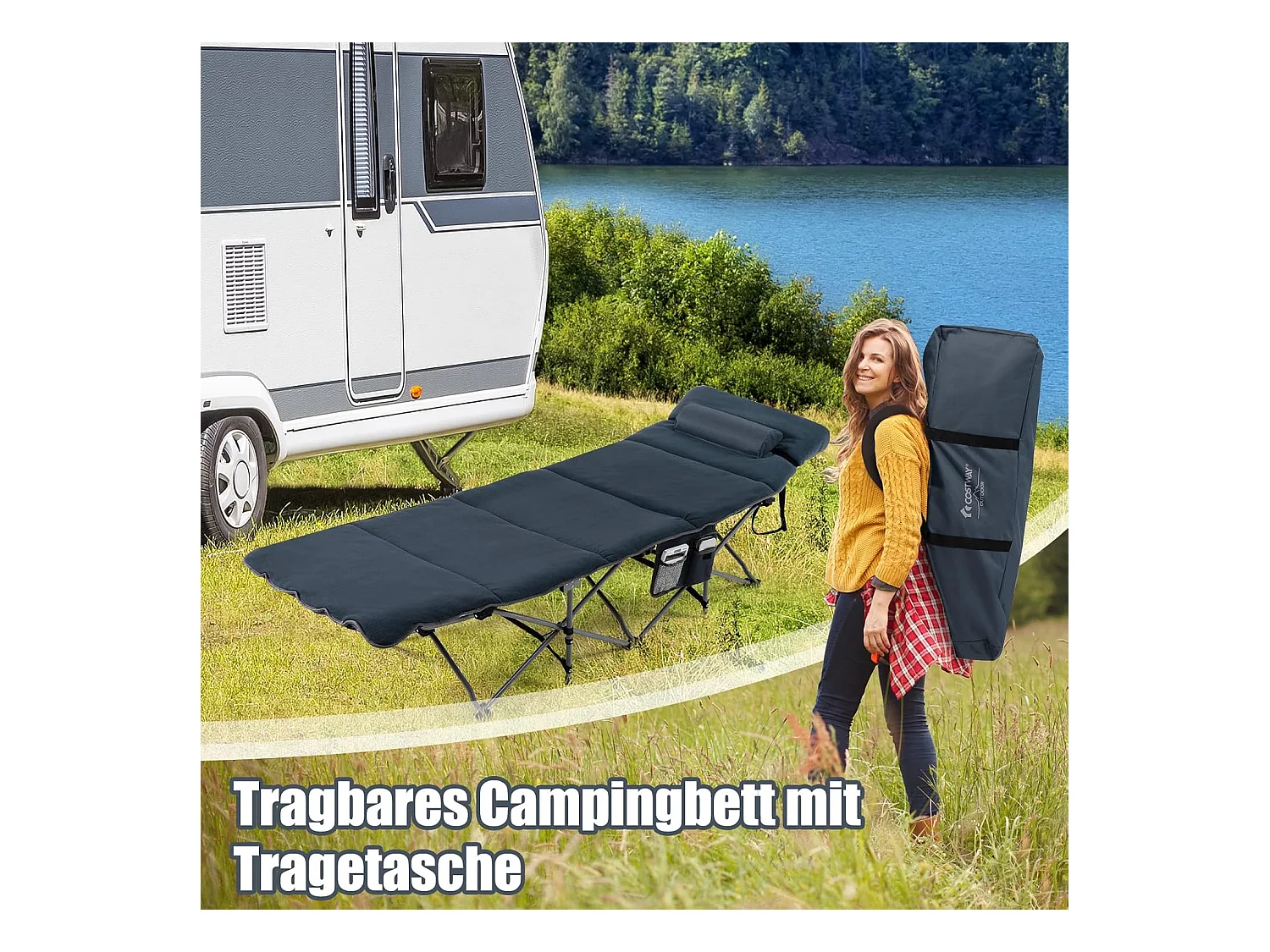 Veldbed, inklapbaar, campingbed met matras, kussen en zijzak, draagbare campingstoel, belastbaar tot 200 kg, incl. draagtas, klapbed voor camping, strand,  ZB32675