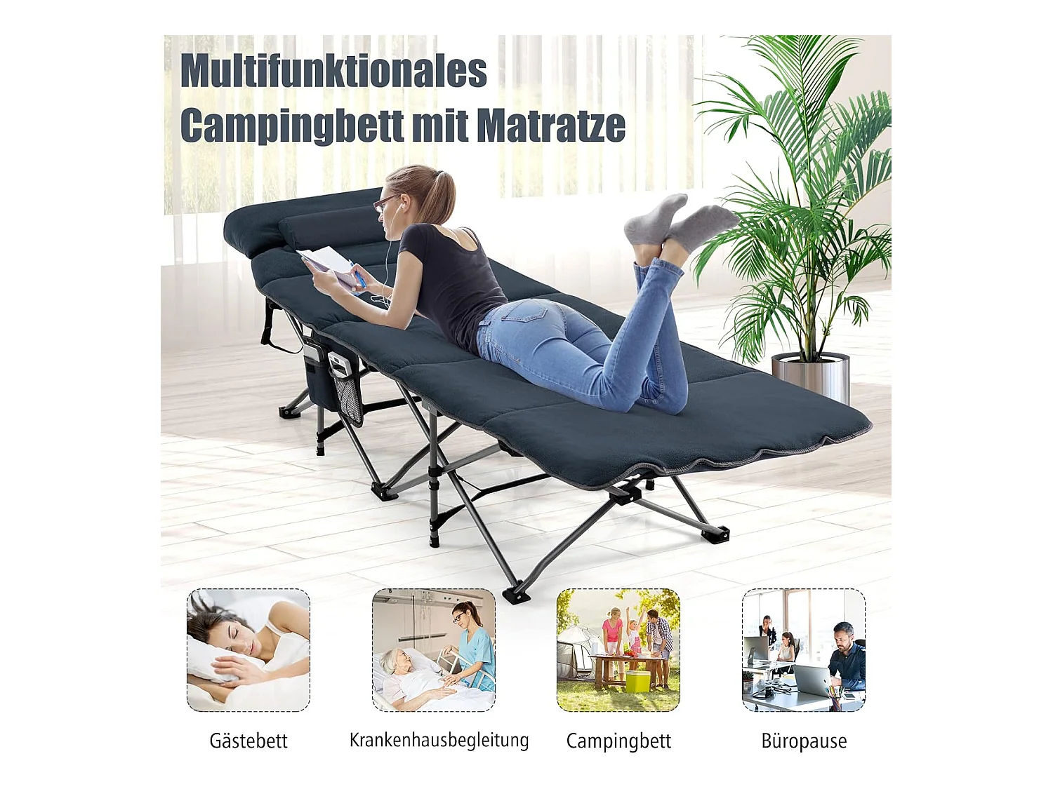 Veldbed, inklapbaar, campingbed met matras, kussen en zijzak, draagbare campingstoel, belastbaar tot 200 kg, incl. draagtas, klapbed voor camping, strand,  ZB32675