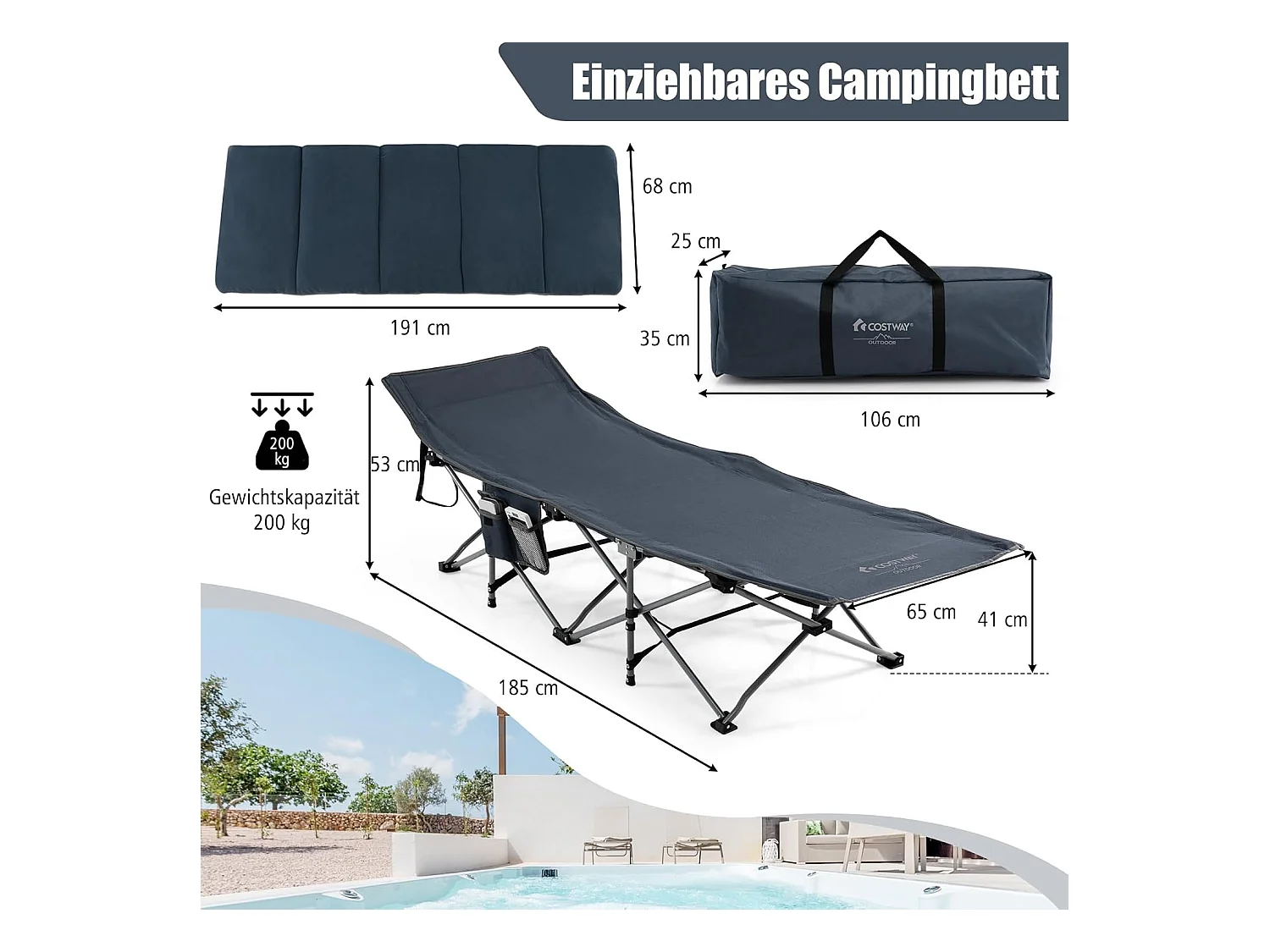 Veldbed, inklapbaar, campingbed met matras, kussen en zijzak, draagbare campingstoel, belastbaar tot 200 kg, incl. draagtas, klapbed voor camping, strand,  ZB32675