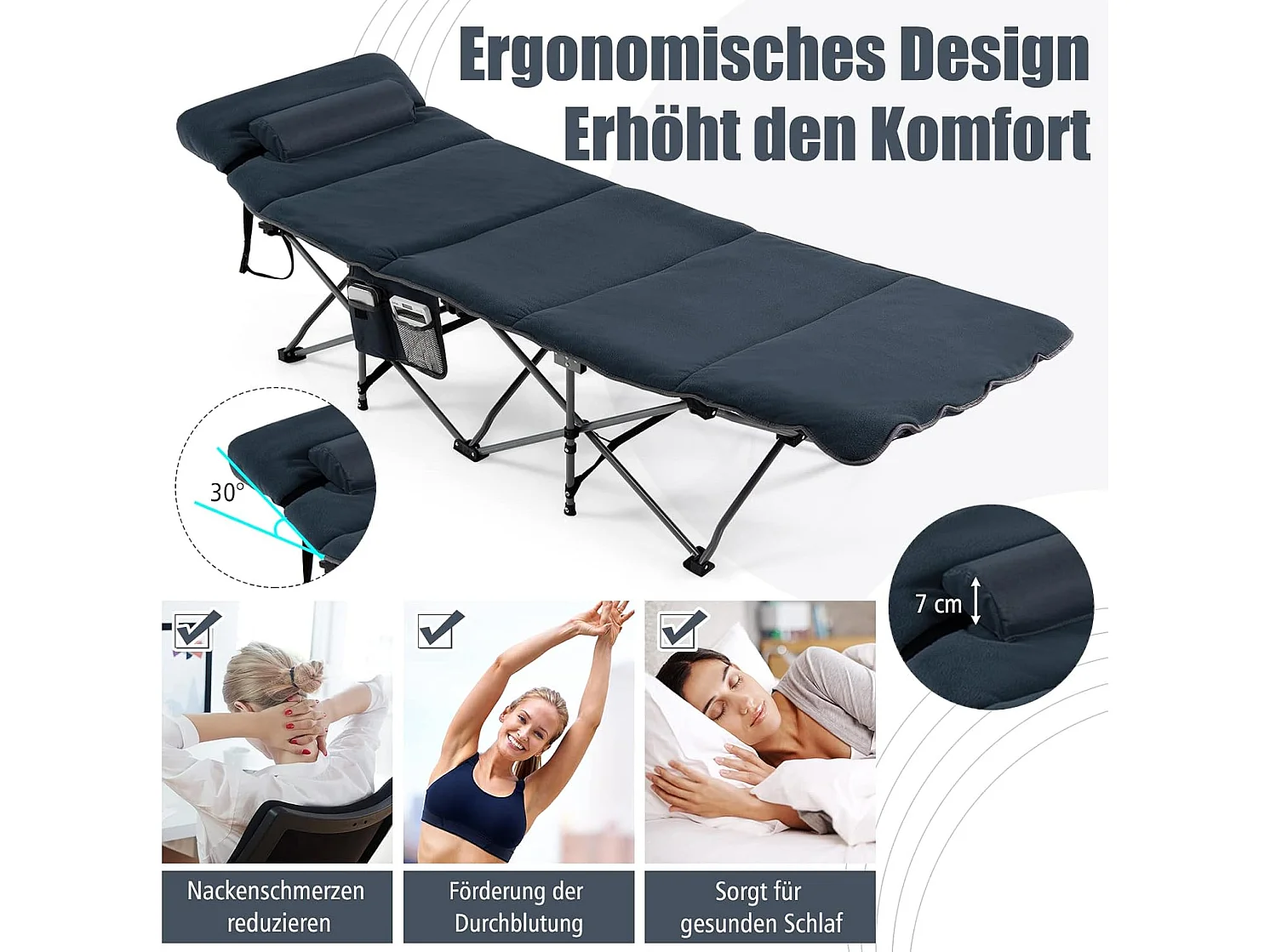 Veldbed, inklapbaar, campingbed met matras, kussen en zijzak, draagbare campingstoel, belastbaar tot 200 kg, incl. draagtas, klapbed voor camping, strand,  ZB32675