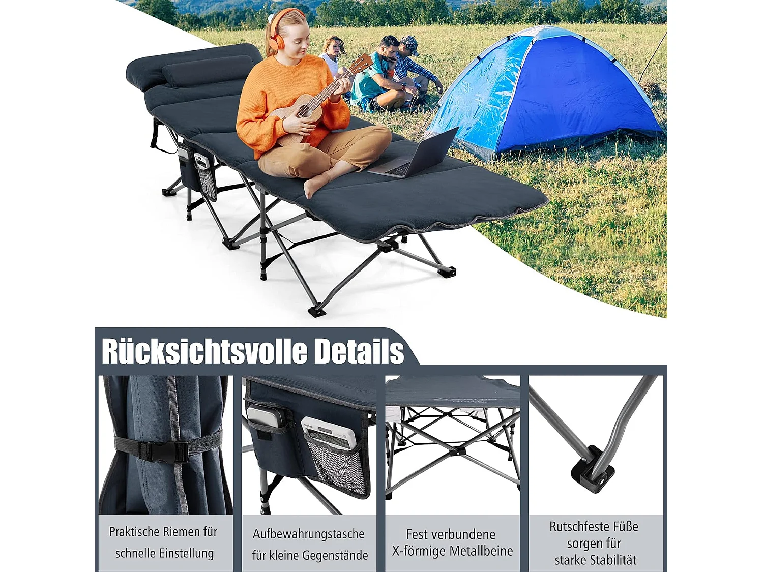 Veldbed, inklapbaar, campingbed met matras, kussen en zijzak, draagbare campingstoel, belastbaar tot 200 kg, incl. draagtas, klapbed voor camping, strand,  ZB32675