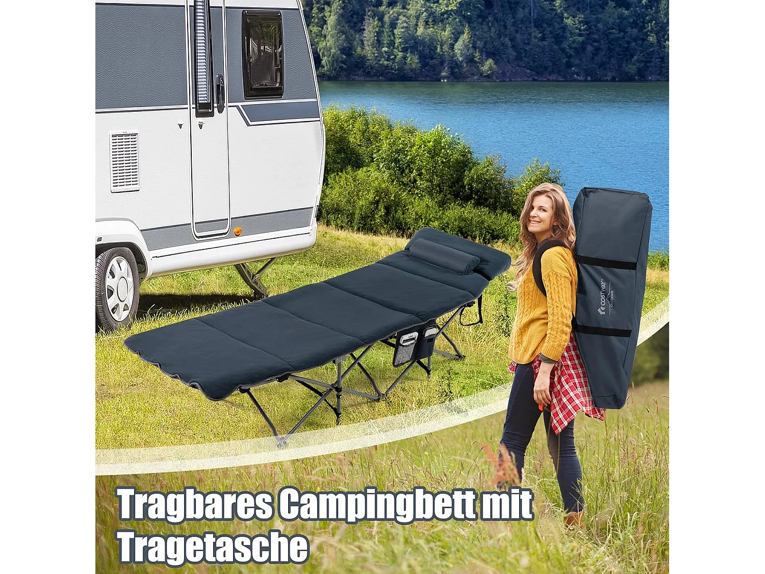 Veldbed, inklapbaar, campingbed met matras, kussen en zijzak, draagbare campingstoel, belastbaar tot 200 kg, incl. draagtas, klapbed voor camping, strand,  ZB32675